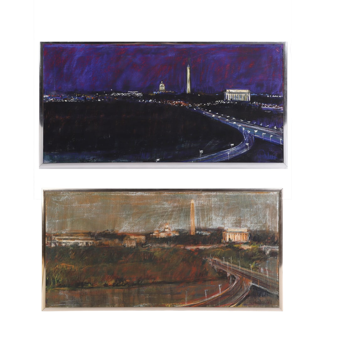 (2) Washington DC Vista Paintings: (2) Washington DC Vista Paintings Unknown artist. Signed illegibly. Same perspective, one at day, the other at night, with the Washington Memorial, the Jefferson Memorial, and Capitol Building in view