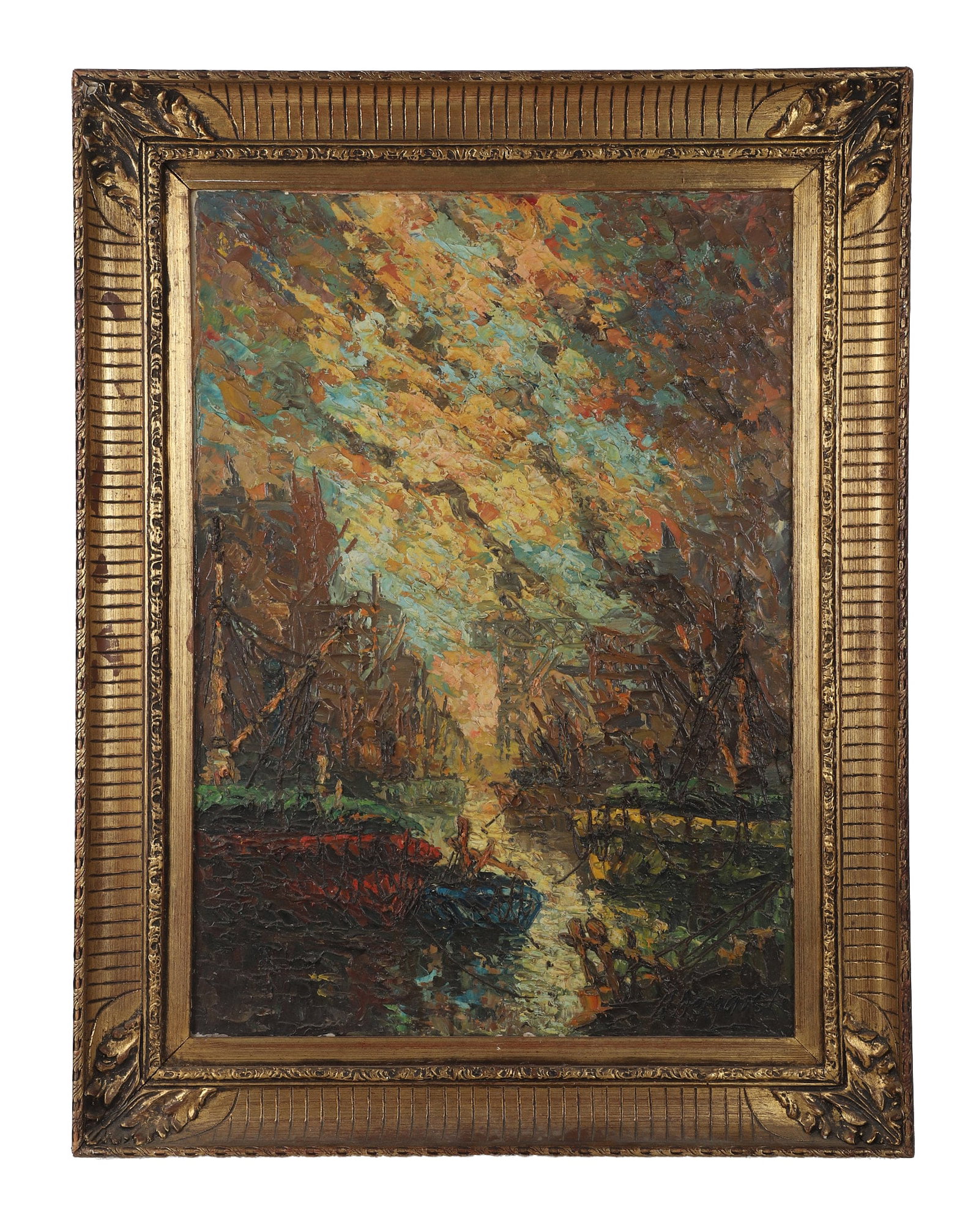 R. Demarchi, Original Oil Painting: R. Demarchi, Original Oil Painting Heavy impasto oil on canvas. Harbor scene. 27" H x 19" W, sight. 34" H x 26" W, frame.