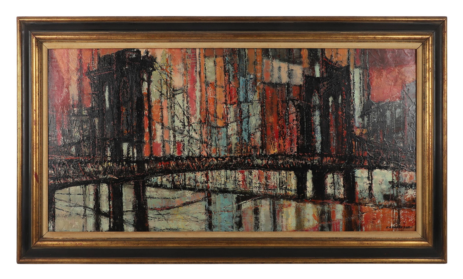 E.A. Anderson, Brooklyn Bridge: E.A. Anderson, Brooklyn Bridge Modernist depiction of the Brooklyn Bridge. Oil on board. Size: 23.5: H x 47" W, sight, 32" H x 56" W, frame.