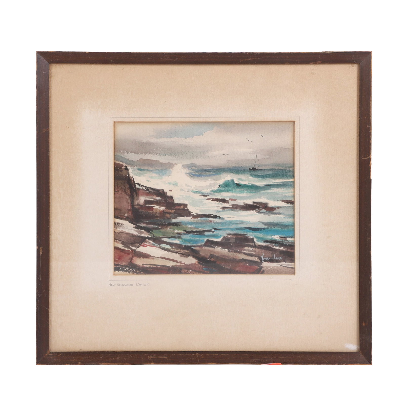John Cuthbert Hare (American, 20th C) Watercolor: John Cuthbert Hare (American, 20th C) Watercolor Titled: New England Coast. Signed lower right corner. 7" H x 8" W, sight. 14" H x 15" W, frame.