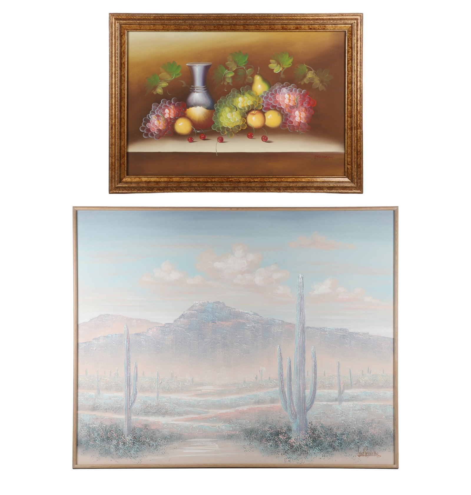 (2) Pcs Vintage Sofa Art: (2) Pcs Vintage Sofa Art Signed Lee Reynolds and Freeman. A cactus landscape, and a still life composition. Smaller work, 23.5" H x 35.5" W, sight. 29.5" H x 41.5" W, frame.