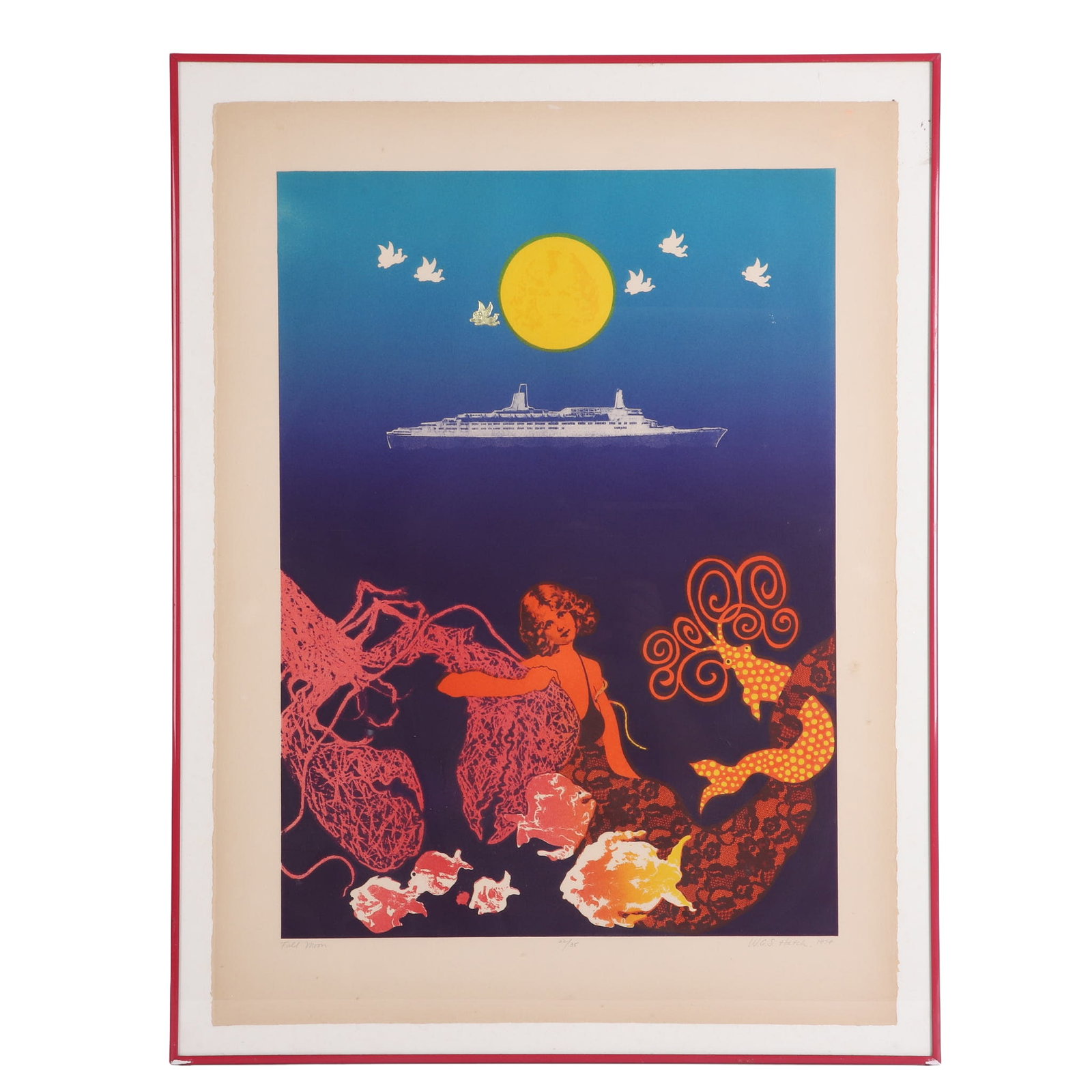 W.A.S. Hatch (American, 20th C) Full Moon, Mixed Media: W.A.S. Hatch (American, 20th C) Full Moon, Mixed Media Mixed media serigraph titled "Full Moon" of an edition numbered 22/35. Pencil signed and dated 1974. 30" H x 22" W, sheet. 32.5" H x 25" W, frame