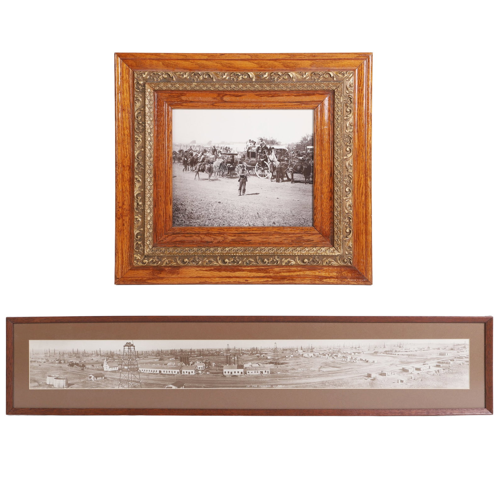 (2) Frontier images: (2) Frontier images Facsimile and Yard long Wentz Oil photograph. Larger image, 4" H x 35.5" W, sight. 8" H x 39.5" W, frame.
