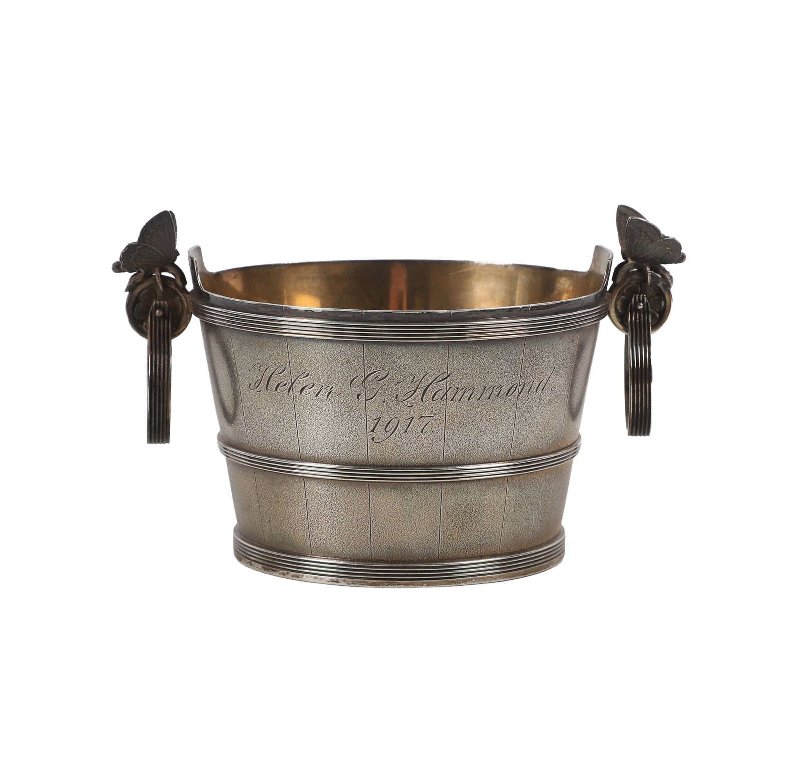 Commemorative Sterling Silver Bucket: Commemorative Sterling Silver Bucket Commemorative sterling silver bucket issued to Helen G. Hammond in 1917, handles w/ butterfly accents. 4 1/4"W, 3.730 ozt