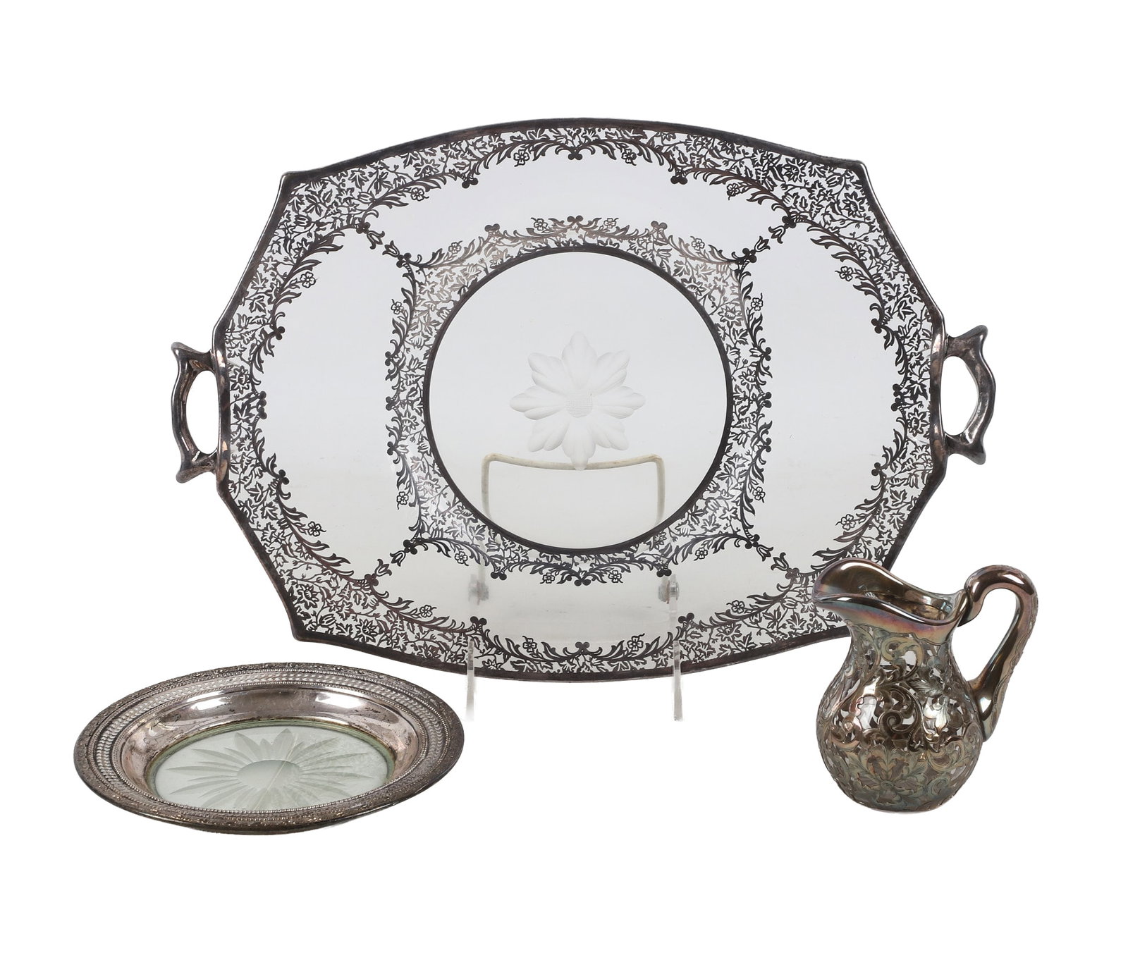 (3) Sterling Overlay Pieces: (3) Sterling Overlay Pieces Trio of glass sterling silver overlay pieces including a tray (14 3/4"L x 10"W), dish (6 1/2"W), and creamer (4"H).