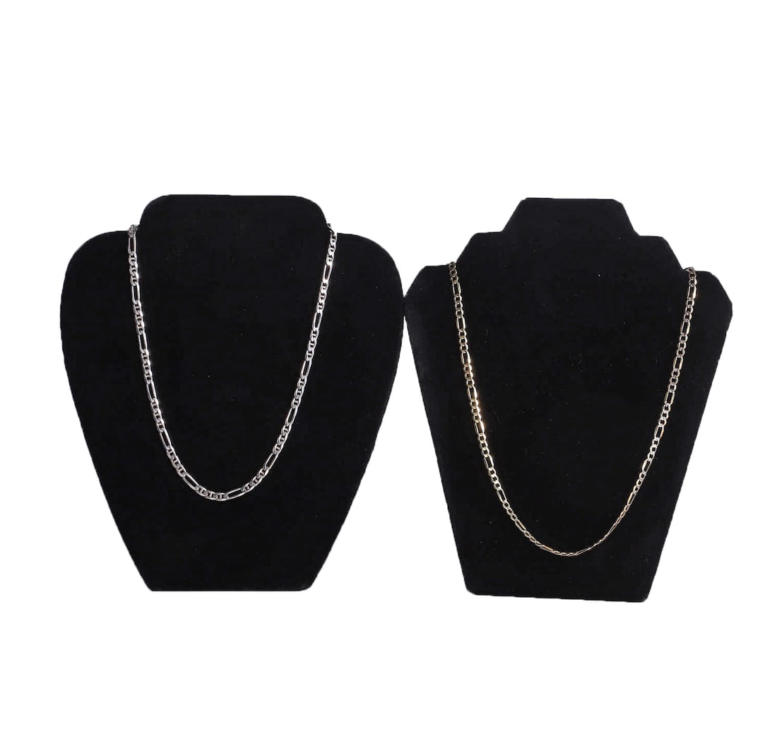 (2) Figaro Chain Necklaces, Sterling & Vermeil: (2) Figaro Chain Necklaces, Sterling & Vermeil (2) Figaro chain necklaces including sterling silver (18"l) and vermeil gilded silver (20"l). Sterling necklace weighs 0.540 ozt, vermeil necklace 0.365 