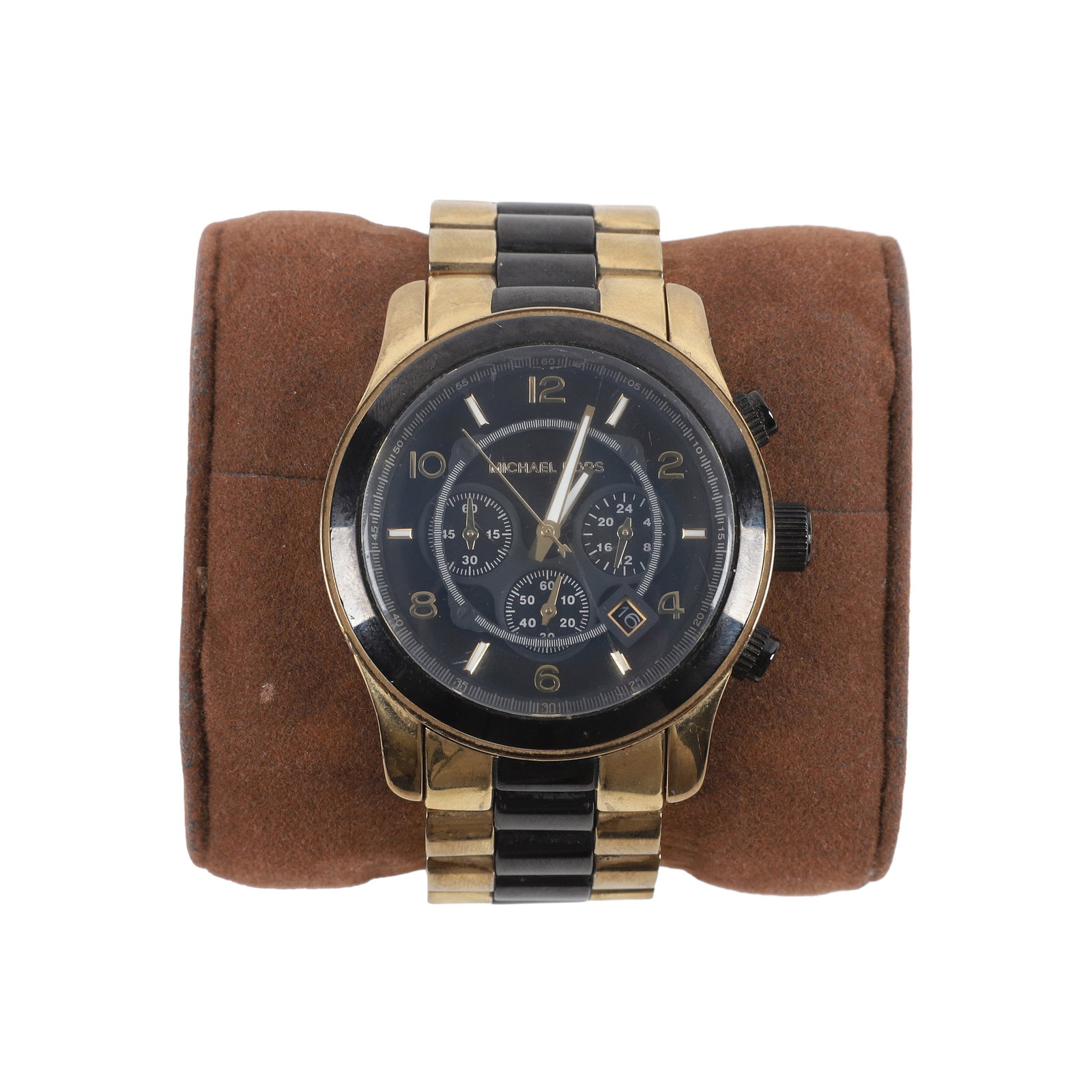 Michael Kors Mens Watch: Michael Kors Mens Watch Michael Kors Gold Tone Runway Chronograph with Black Dial Mens Watch in box, MK 8265