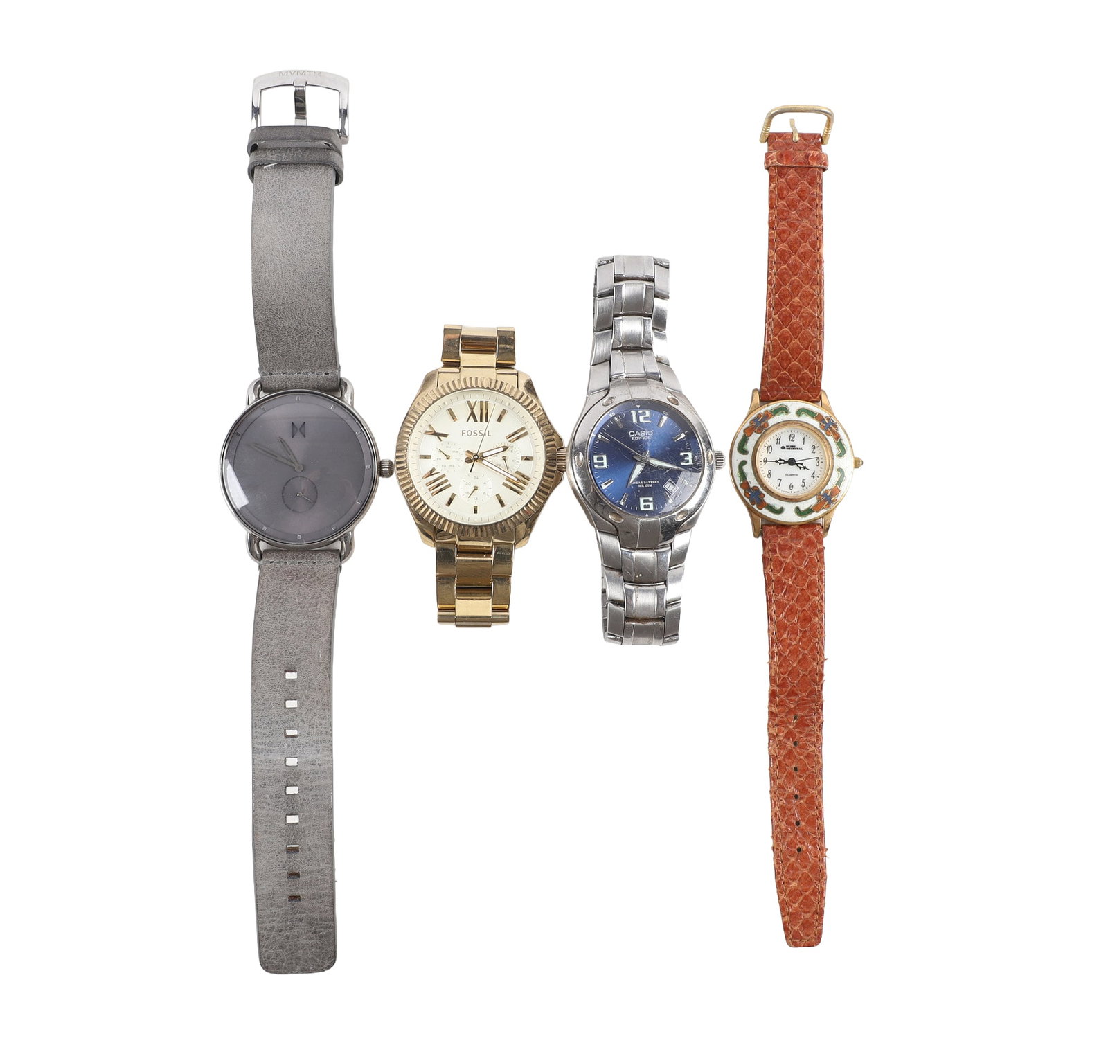 (4) Vintage Watches: (4) Vintage Watches (4) Vintage Watches to include MVMTM Revolver Watch, Fossil Gold Tone Stainless Steel Wrist Watch, Casio Edifice Stainless Steel Watch and Bijou Griental Quartz Watch