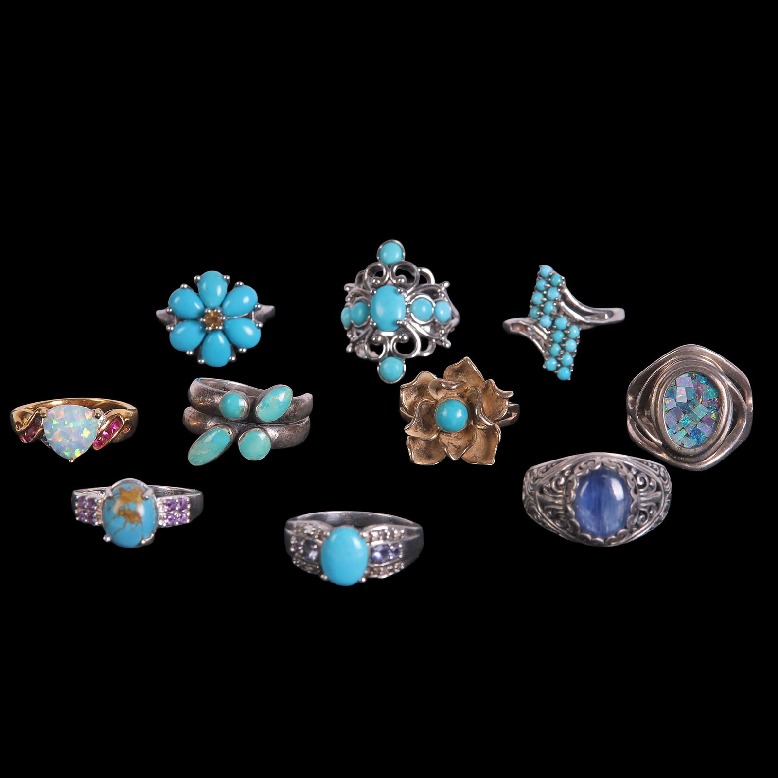 (10) Sterling Silver & Fashion Rings: (10) Sterling Silver & Fashion Rings (10) Sterling Silver and fashion rings to include Whitney Kelly sterling silver mosaic ring, STS 925 turquoise bead bypass ring, STS 925 turquoise cabochon ring wi