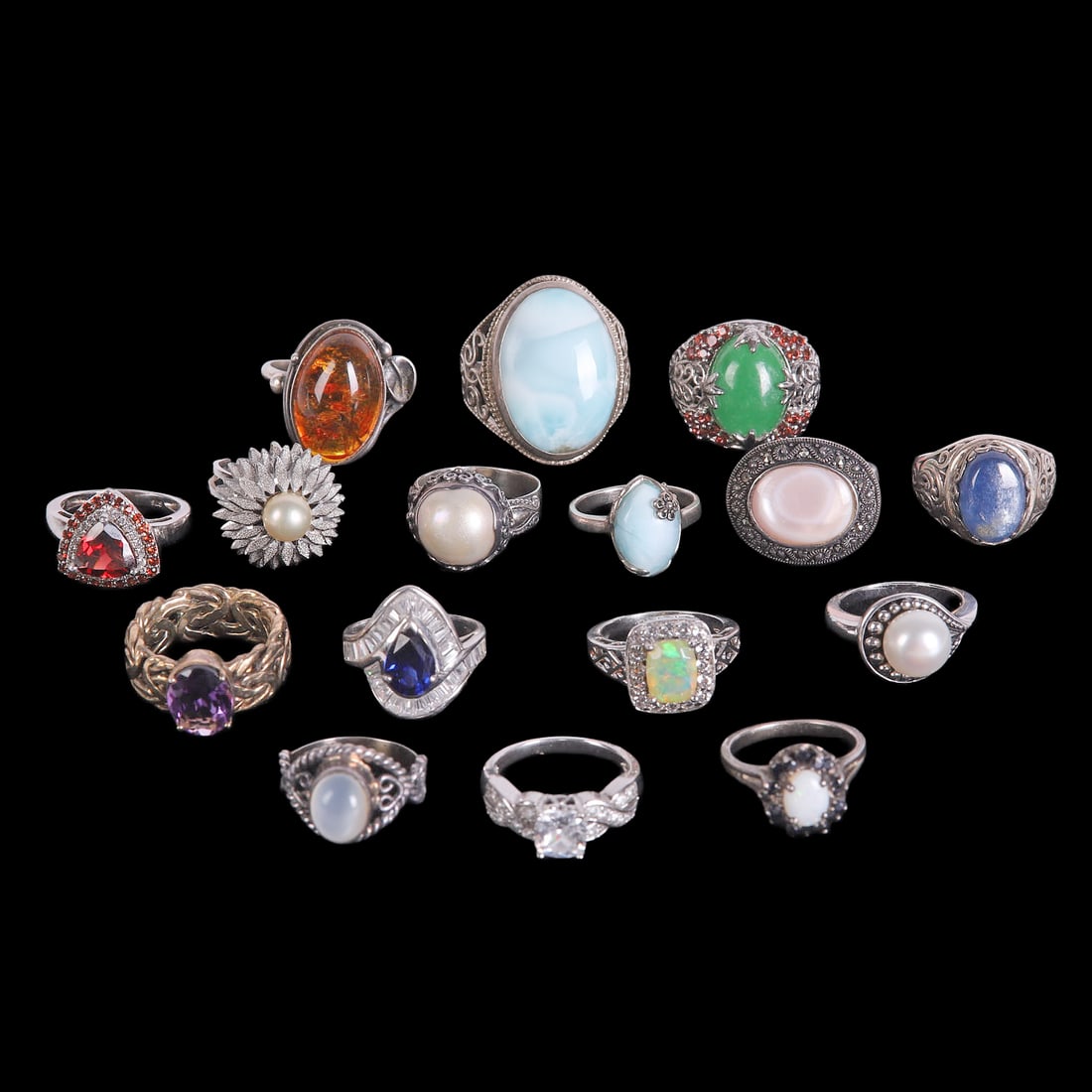 (16) Sterling Silver & Fashion Rings: (16) Sterling Silver & Fashion Rings (16) Sterling Silver & Fashion Rings to include amber cabochon ring, faux pearl floral form ring, oval blue and white cabochon stone ring, faux pearl ring, clear s