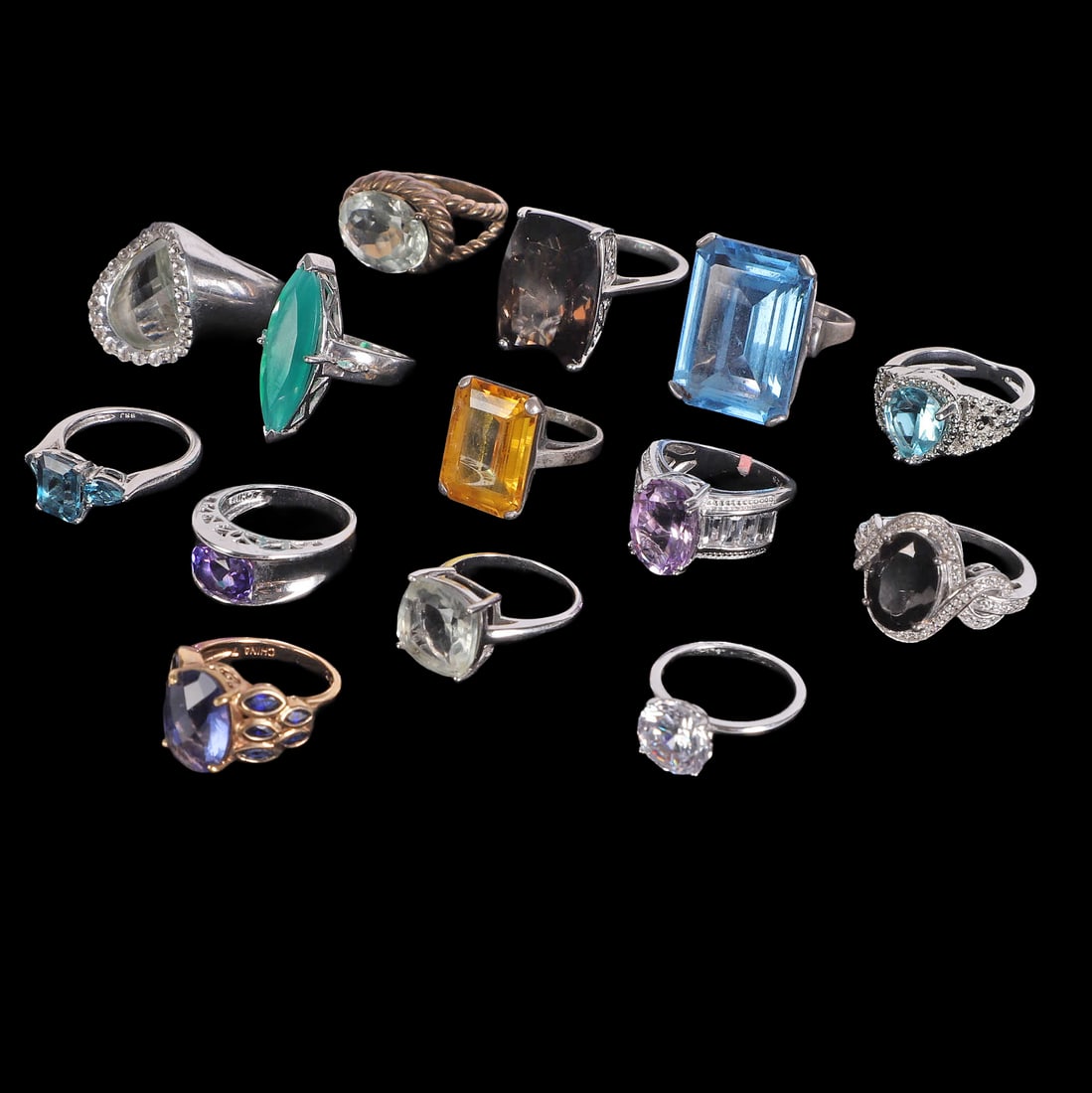 (14) Sterling Silver & Fashion Rings: (14) Sterling Silver & Fashion Rings (14) Sterling Silver & Fashion Rings to include sterling ring with large blue rectangular stone, oval purple cabochon ring with channel set accents, cushion cut aq