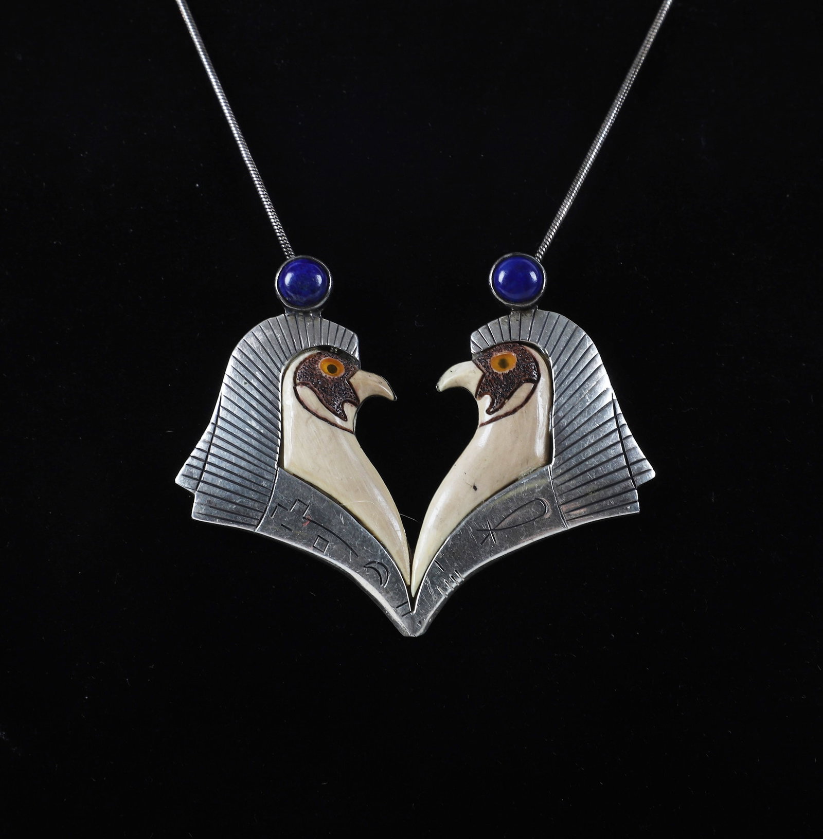 Zealandia Sterling Silver & Bone Egyptian Style Necklace: Zealandia Sterling Silver & Bone Egyptian Style Necklace Zealandia sterling silver necklace having a pendant with opposing falcons with carved bone elements, blue cabochon accents and Egyptian revival