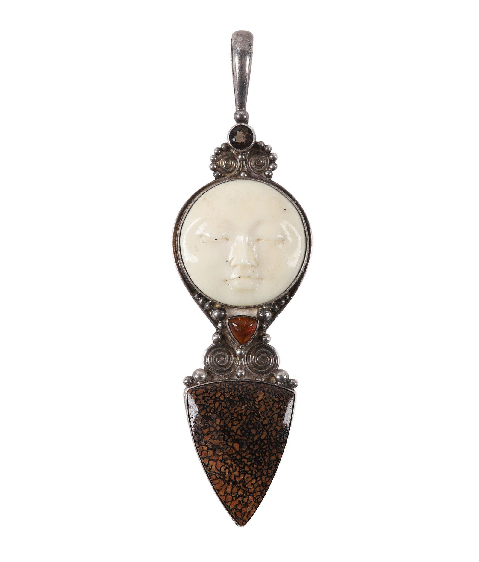 Sajen Sterling Silver Moonface Pendant: Sajen Sterling Silver Moonface Pendant Sajen sterling silver moonface pendant with scrollwork design, gemstone accents, crackle pattern stone, marked 925 Sajen