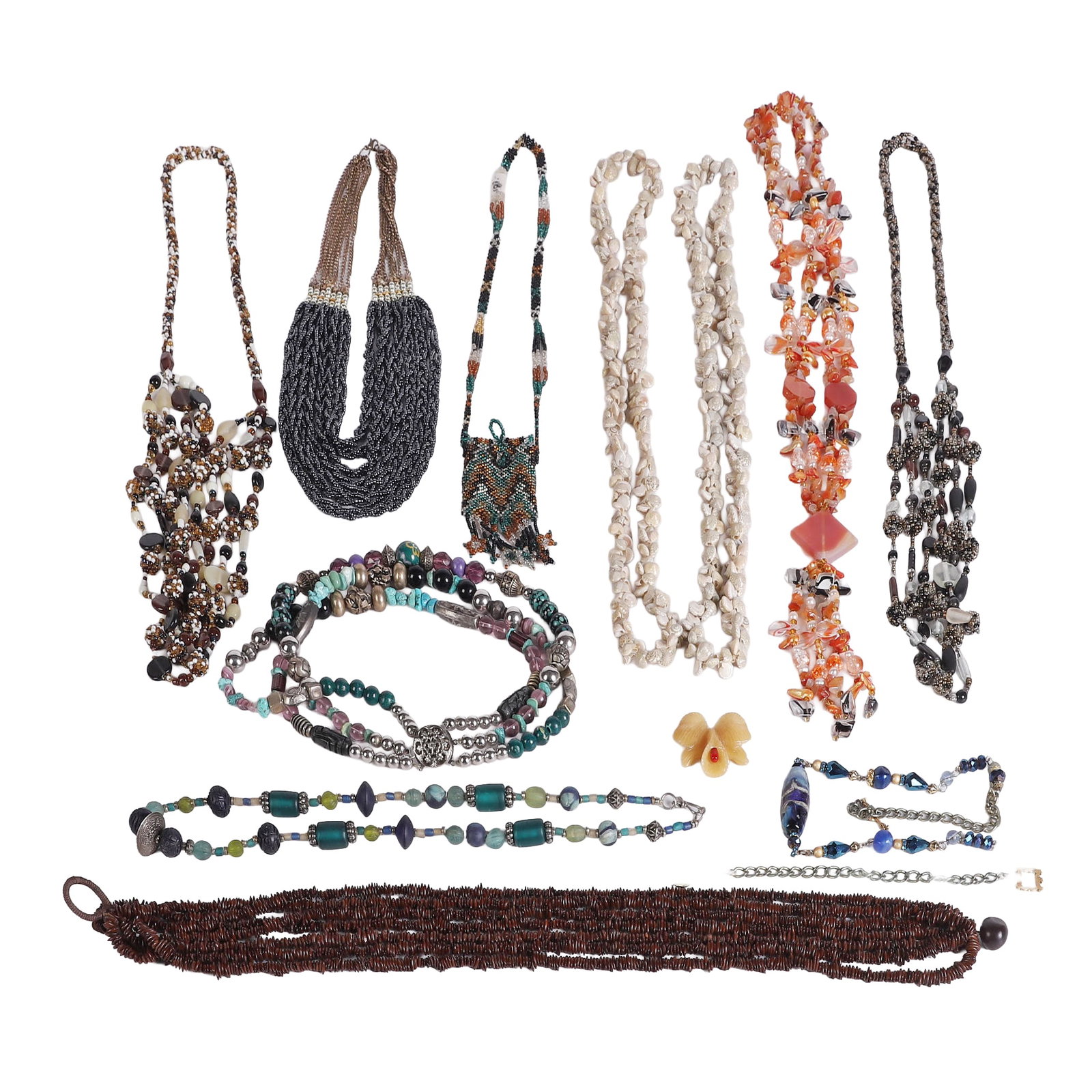 (11) Stone, Bead and Shell Necklaces: (11) Stone, Bead and Shell Necklaces (11) Stone, Bead and Shell Necklaces to include blue and aqua artisan bead necklace, multi strand bead necklace, orange glass and stone necklace, beaded pouch neck
