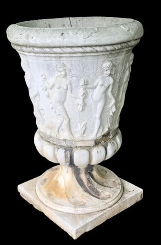 Monumental 51" Neoclassical Cast Stone Garden Planter: Monumental 51" Neoclassical Cast Stone Garden Planter Monumental Neoclassical Cast Stone garden planter, nude classical women figures adorn pot, losses and wear at bottom of planter pot, some repairs 