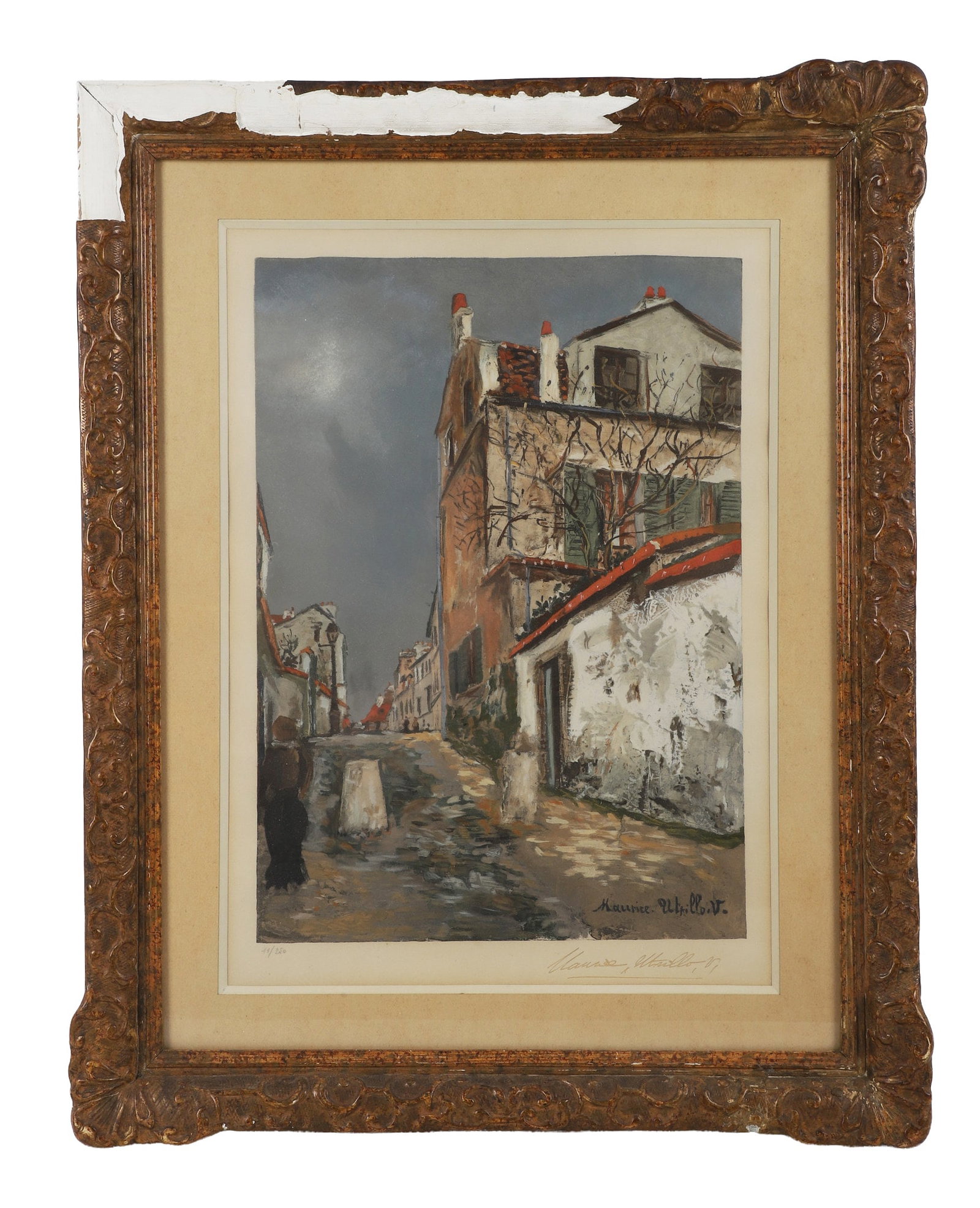 Maurice Utrillo (French, 1883-1955) pochoir village scene, pochoir print on paper, hand signed in: Maurice Utrillo (French, 1883-1955) "Rue Cortot", offset color lithograph on paper, edition 71/250, hand signed in the lower margin, 18-3/8" x 13", framed 28-1/4" x 22-1/4" (good condition / not inspe
