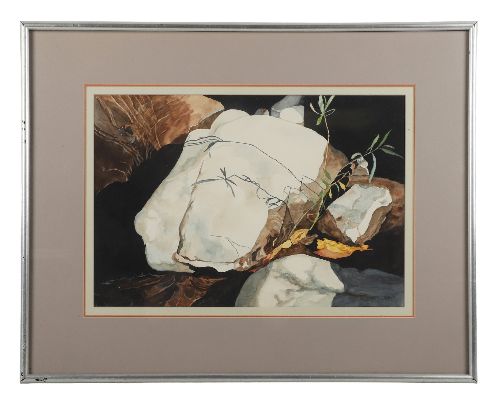 Naturalist Watercolor of Woodland Stream, 20th / 21st C.: Naturalist Watercolor of Woodland Stream, 20th / 21st C. depicting rocks and foliage within a small stream, signed lower right ?Vermillion?. 13.5" x 19.75" sight, 23" x 29" frame.