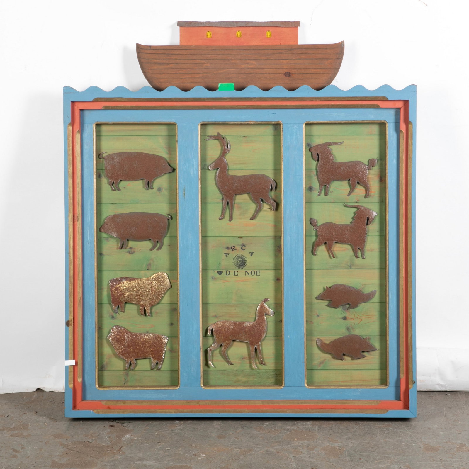 Rosemary PozzI Franzetti style Noah's Ark Vignette: Rosemary PozzI Franzetti style Noah's Ark Vignette Rosemary PozzI Franzetti style Noah's Ark, 10 metal animals in wood frame, Arca De Noe, 41"H x 36"W x 4"D