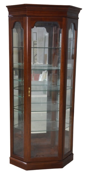 Jasper Mahogany Finished Display Cabinet: Jasper Mahogany Finished Display Cabinet Jasper mahogany finished display cabinet, mirrored back panels, glass shelves, single door, 79"h x 13-1/2" corner, 33"w