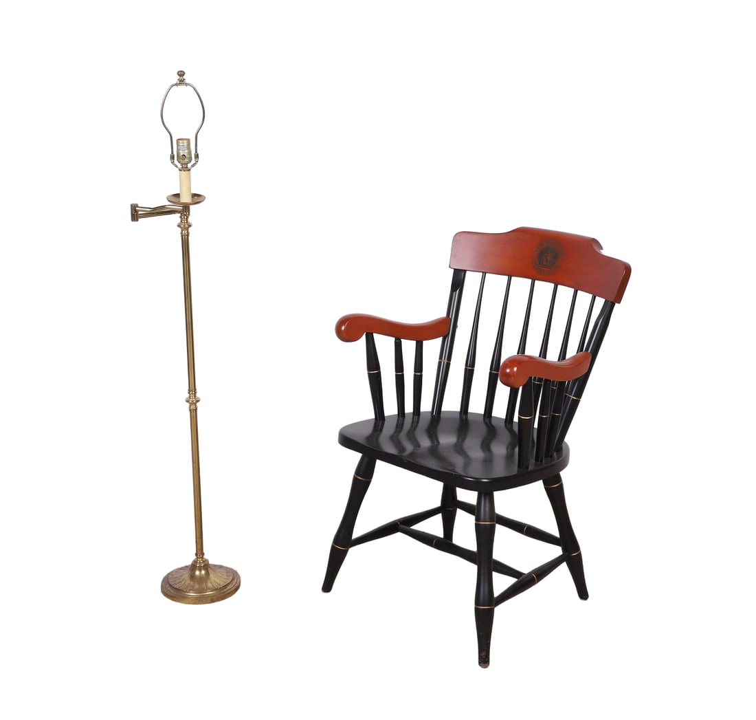 Swarthmore College Alumni Chair, Reading Lamp: Swarthmore College Alumni Chair, Reading Lamp Swarthmore College Alumni Chair, Reading Lamp Vintage Swarthmore College Alumni Windsor style armchair paired with a brass swivel arm floor lamp. Size: 34