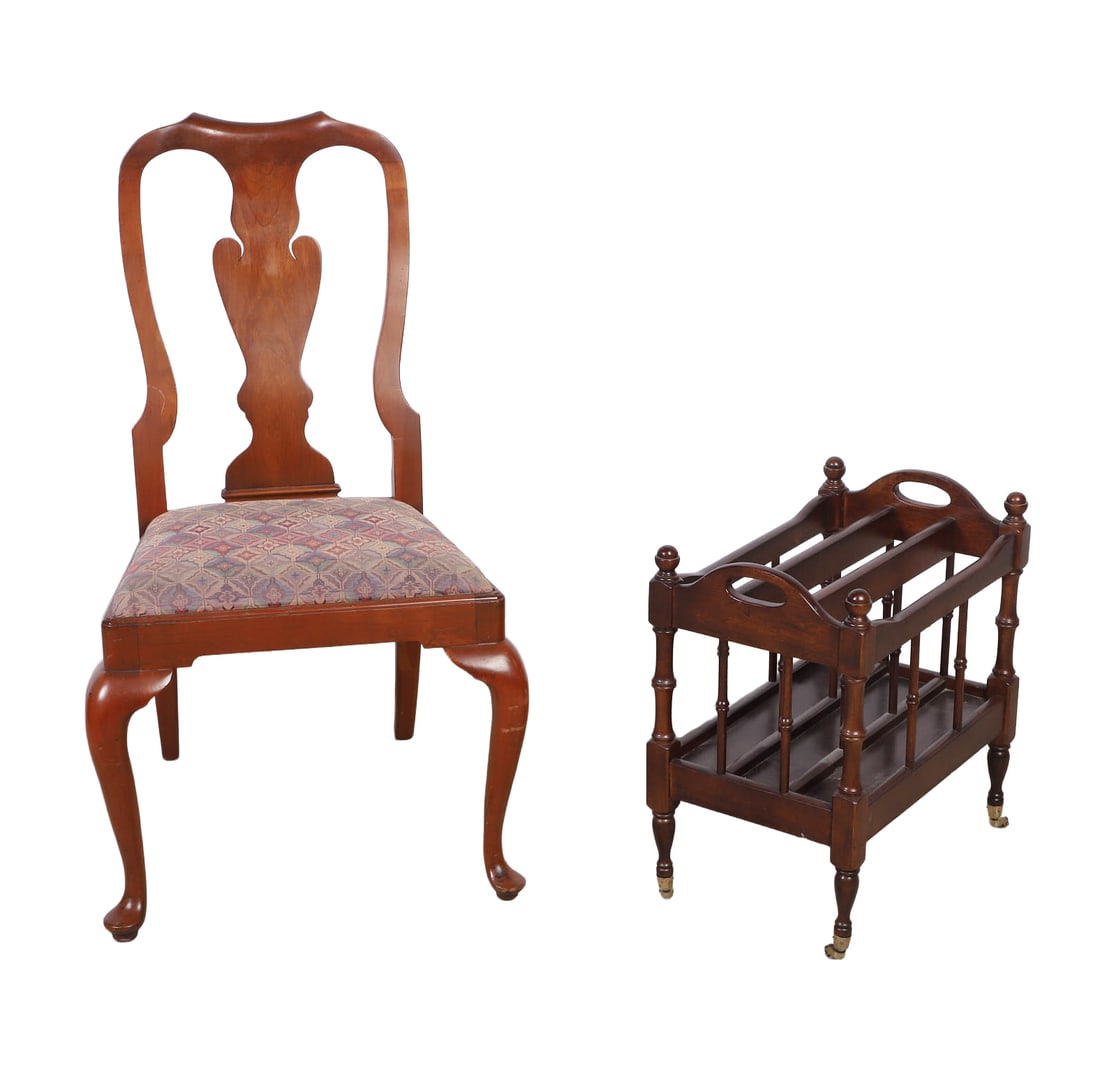 (2) Pc Suite, Queen Anne Chair and Canterbury: (2) Pc Suite, Queen Anne Chair and Canterbury Including a Henkel-Harris Virginia Galleries black cherry Queen Anne style side chair and a vintage Canterbury. Size: 39" H x 22.5" W x 22" D, chair, 20.5