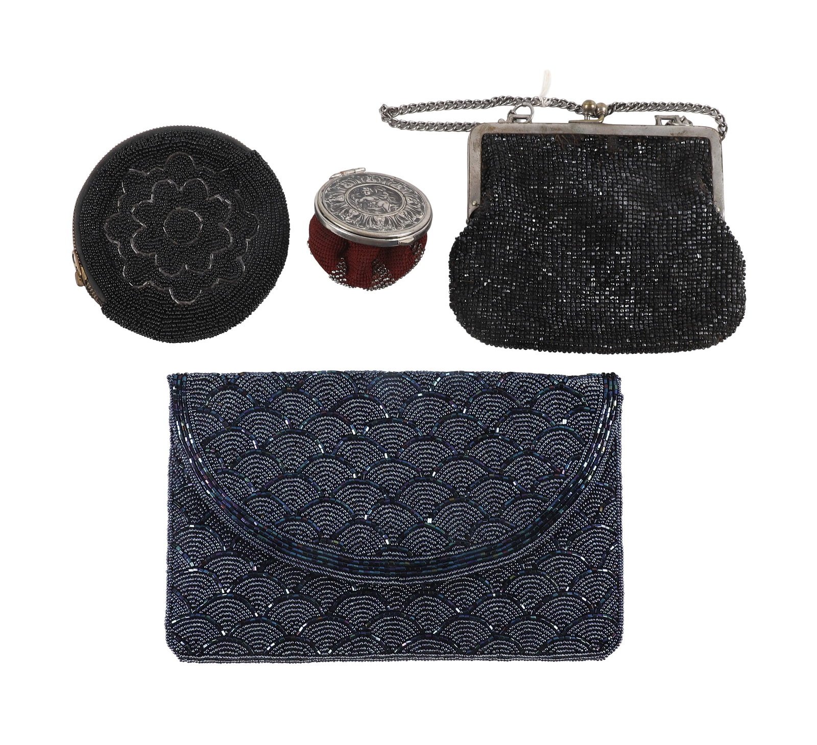 (4) Group Of Womens Beaded Purses: (4) Group Of Womens Beaded Purses (4) Group Of Womens Beaded Purses to include a Black Beaded Compact, Blue Beaded Evening Bag, Black Beaded Bag with Silver Tone Chain and a Victorian Beaded Coin Purs