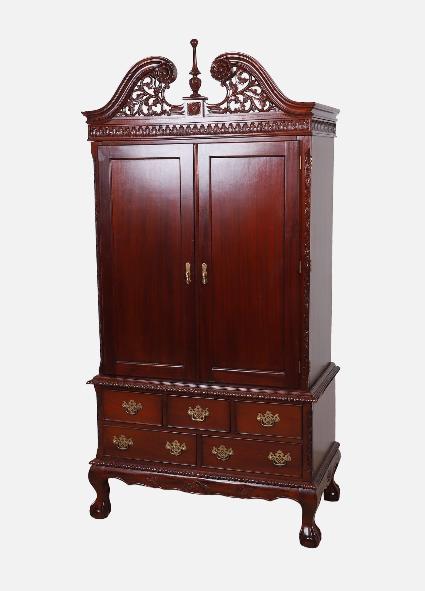 Vintage Chippendale Style Media Cabinet: Vintage Chippendale Style Media Cabinet 2 piece cabinet with double door press over 5 drawer stand. Profusely carved with a foliate pediment and claw feet. Size: 84" H x 41.5" W x 23" D