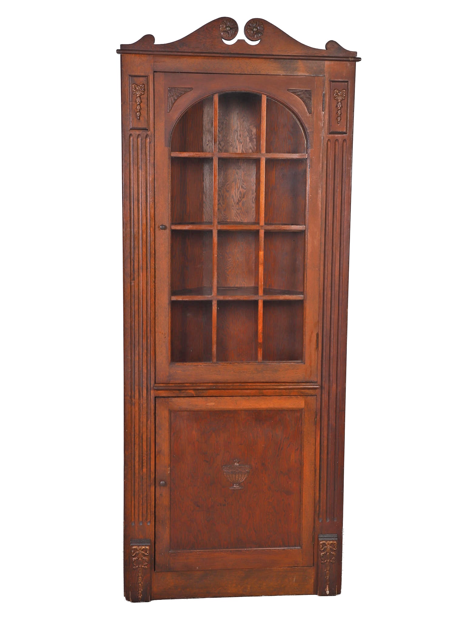 Vintage Pine Corner Cabinet: Vintage Pine Corner Cabinet Reproduction PA style corner cabinet with faux mullioned door over a blind door. Size: 87" overall height, 34" across the front and 18" deep.