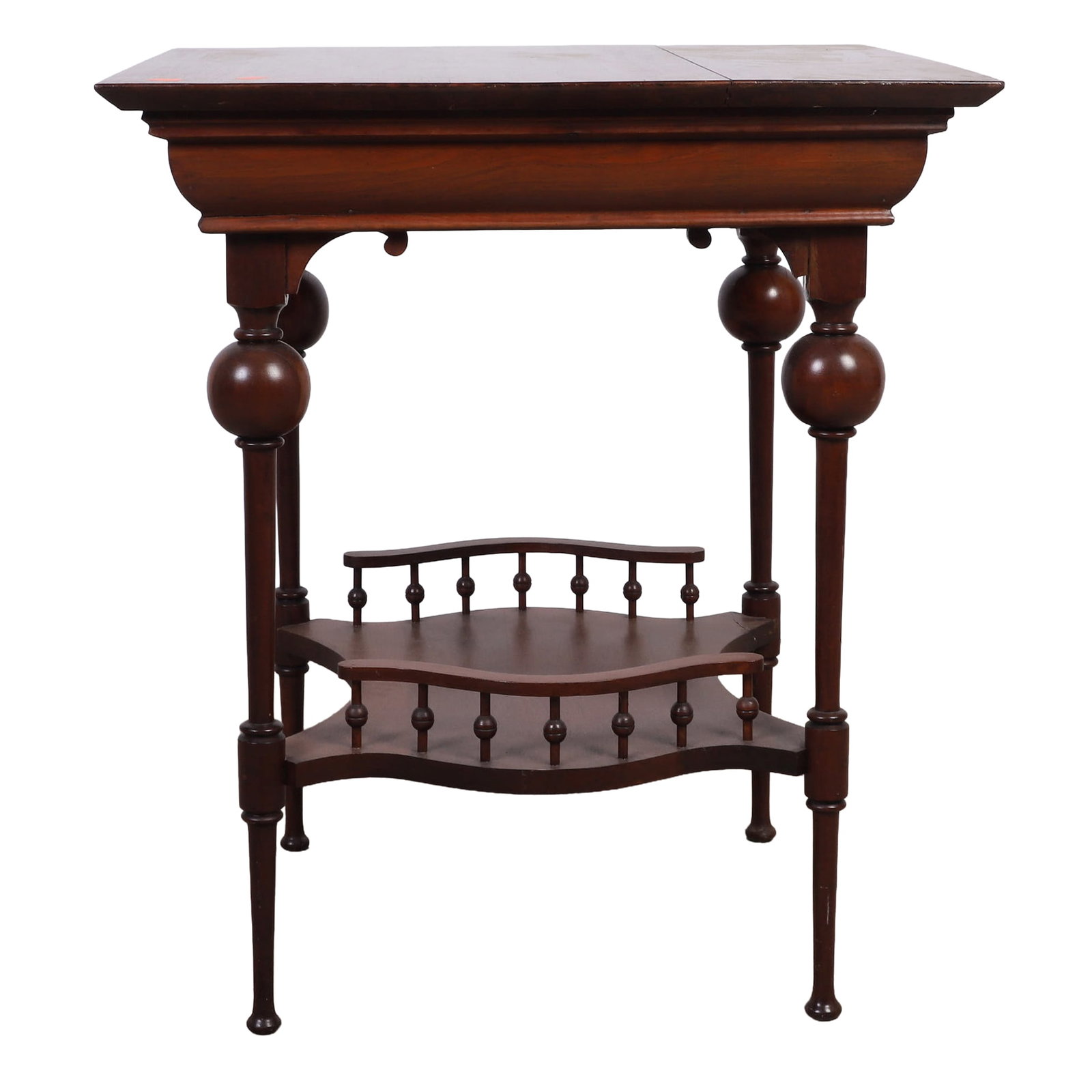 English Aesthetic Movement Style Table: English Aesthetic Movement Style Table Mahogany. Square top over turned legs and stick and ball gallery stretcher. 30.5" H x 26" square.
