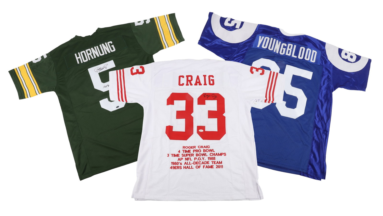 (3) Signed Hall of Fame Football Jerseys: (3) Signed Hall of Fame Football Jerseys (3) Signed Hall of Fame Football Jerseys to include Paul Hornung signed Packers jersey with Leaf authentic certification, newly inducted Roger Craig signed 49e