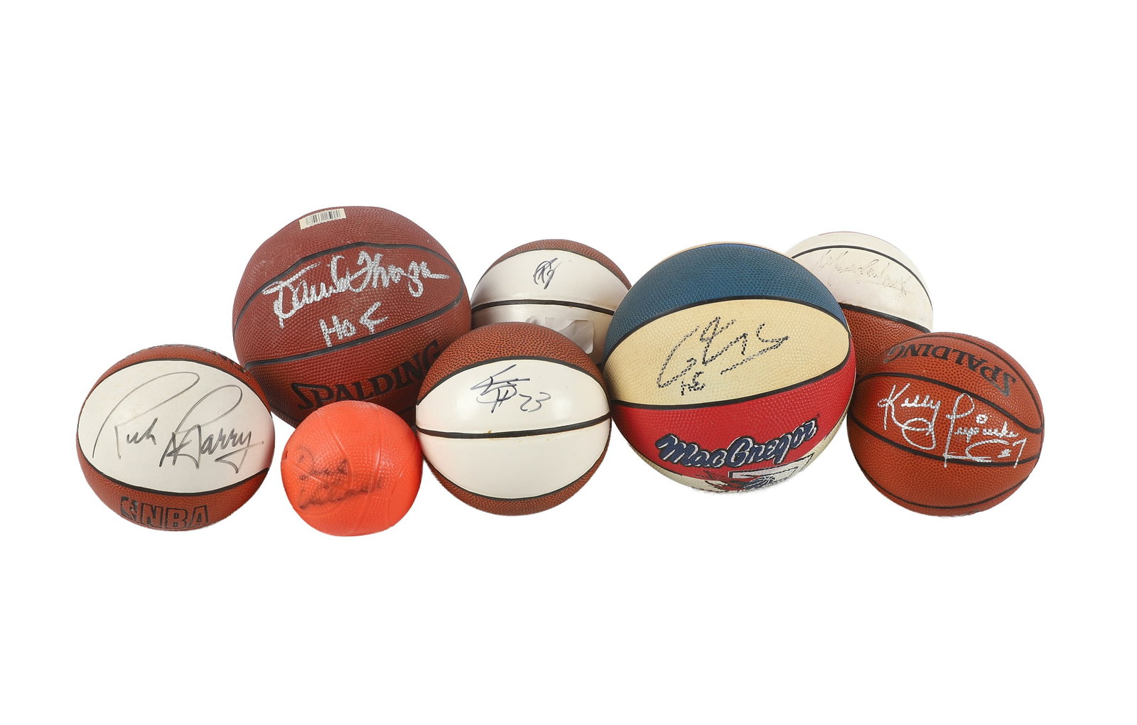 (8) Signed Miniature Basketballs: (8) Signed Miniature Basketballs (8) Signed Miniature Basketballs signed by former NBA players to include Kelly Tripuka, Rick Barry, David Thompson, Rodney Carney, and Meadowlark Lemon, faded autograp