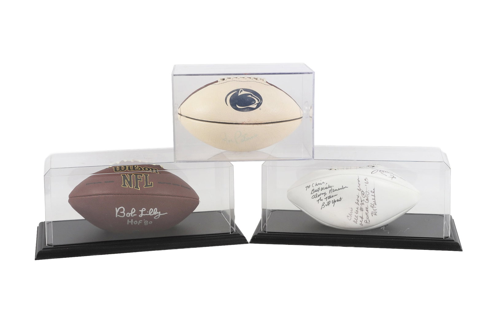 (3) Signed Footballs, Paterno, Lily, and Esaison: (3) Signed Footballs, Paterno, Lily, and Esaison (3) Signed Footballs, Paterno, Lily, and Esaison; Penn State logo ball signed by Joe Paterno, signature fading, surface shows cracking; Bob Lily, Hall 