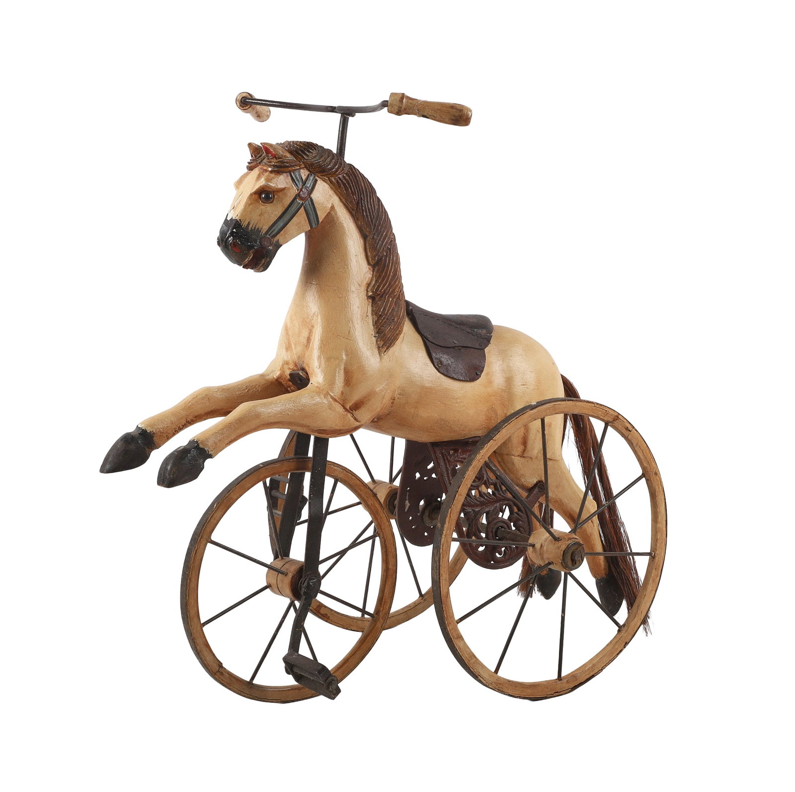 Decorative Reproduction Horse Tricycle 23" H x 23' W x 12" D: Decorative Reproduction Horse Tricycle After the antique. Carved wood, cast and wrought iron. 23" H x 23' W x 12" D