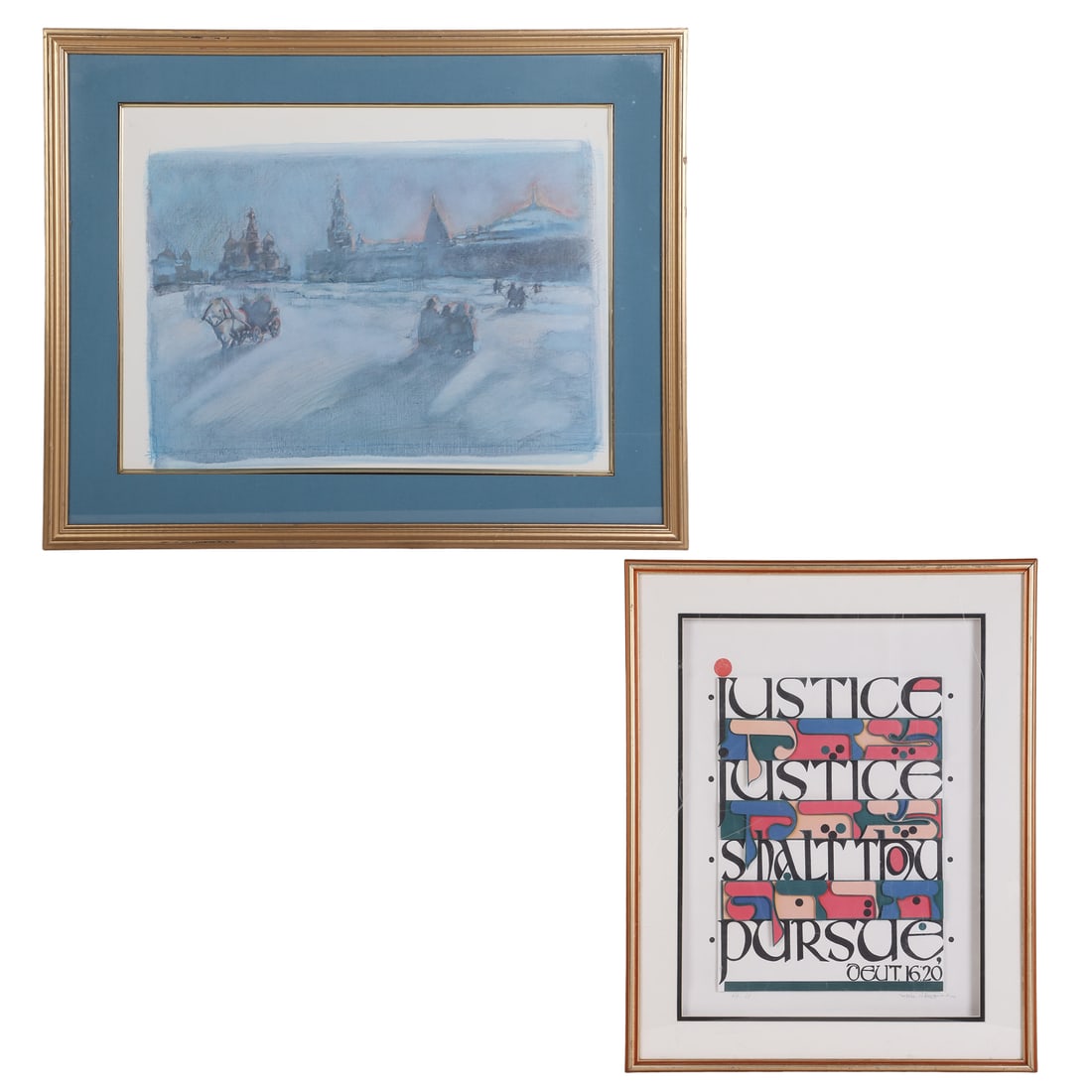 Group of (2) Ashkenazi and Judaica Artworks: Group of (2) Ashkenazi and Judaica Artworks Including "Pursue Justice" by Mordechai Rosenstein, and a lithograph in the style of Kontantin Yuon. Size: larger, 22" H x 28" W, frame.