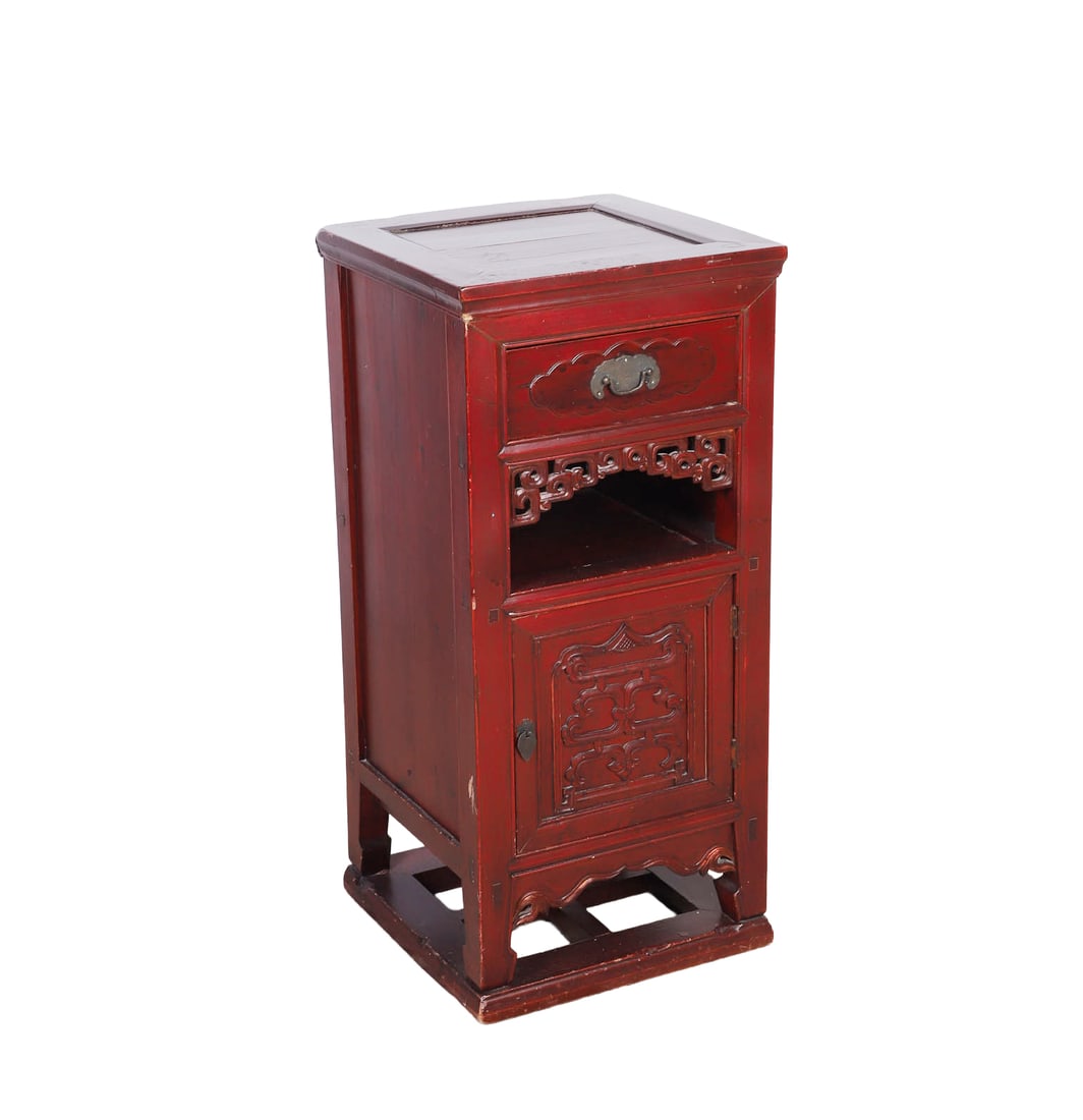 Antique Chinese Altar Table Stand: Antique Chinese Altar Table Stand Relief carved panels and brackets. Sitting atop box stretcher. Size: 37.75" H x 17.5" W x 17" D