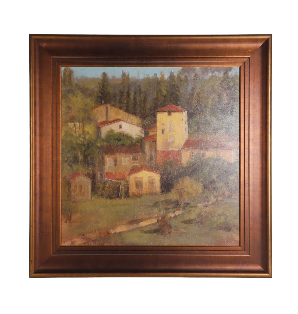 Decorative Impressionist Serigraph, Tuscany Villagio: Decorative Impressionist Serigraph, Tuscany Villagio Labeled Decorative Arts Inc. and signed by employee. Printed on board. Size: 46" square frame, 34.5" square, sight