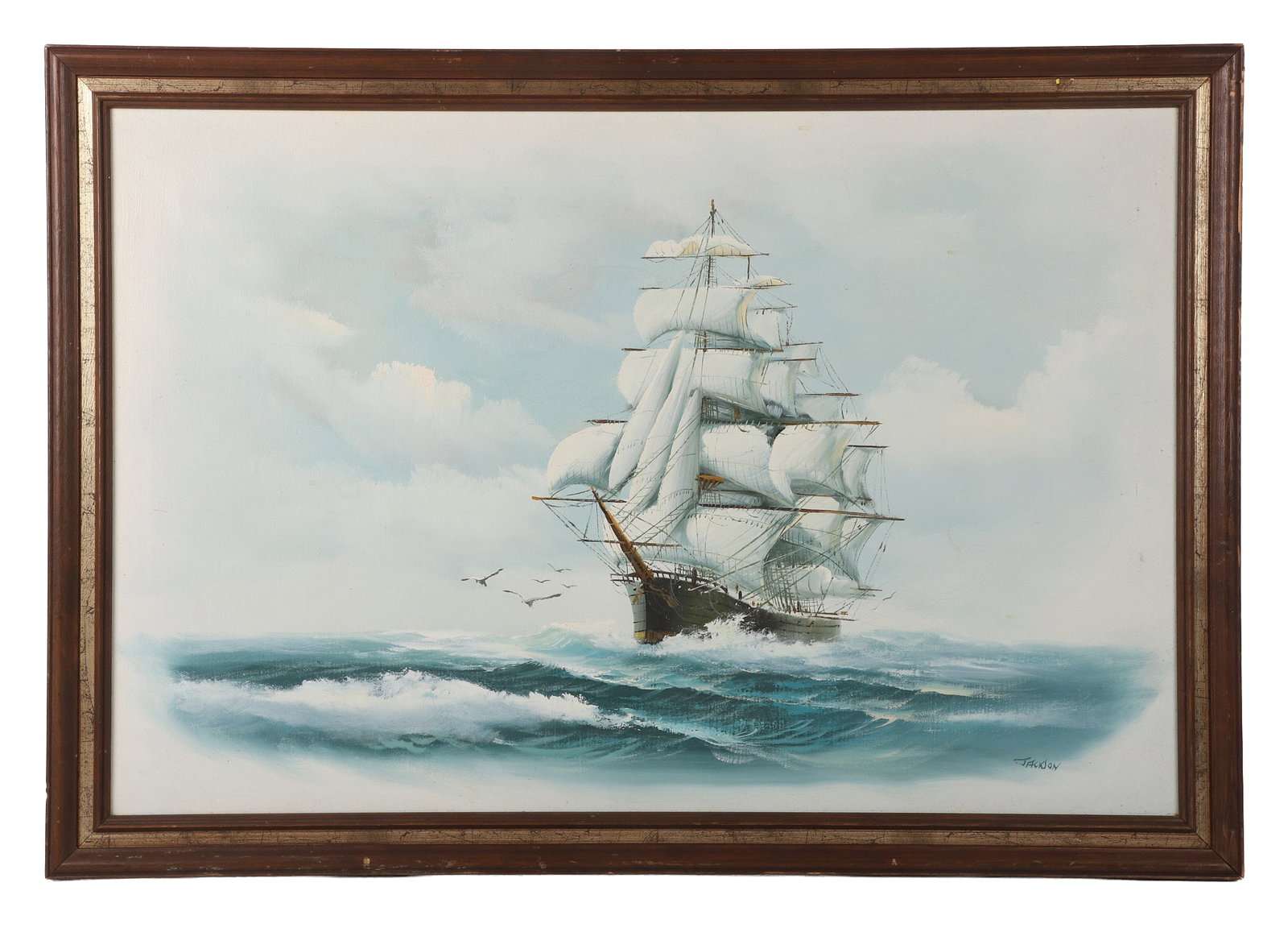 Vintage Hewitt Jackson Nautical Painting: Vintage Hewitt Jackson Nautical Painting Vintage Hewitt Jackson, 20th C., nautical painting of a tall ship at sea. Oil on canvas, signed lower right hand corner. Size: 27.5" H x 39.5" W, frame, 23.5" 