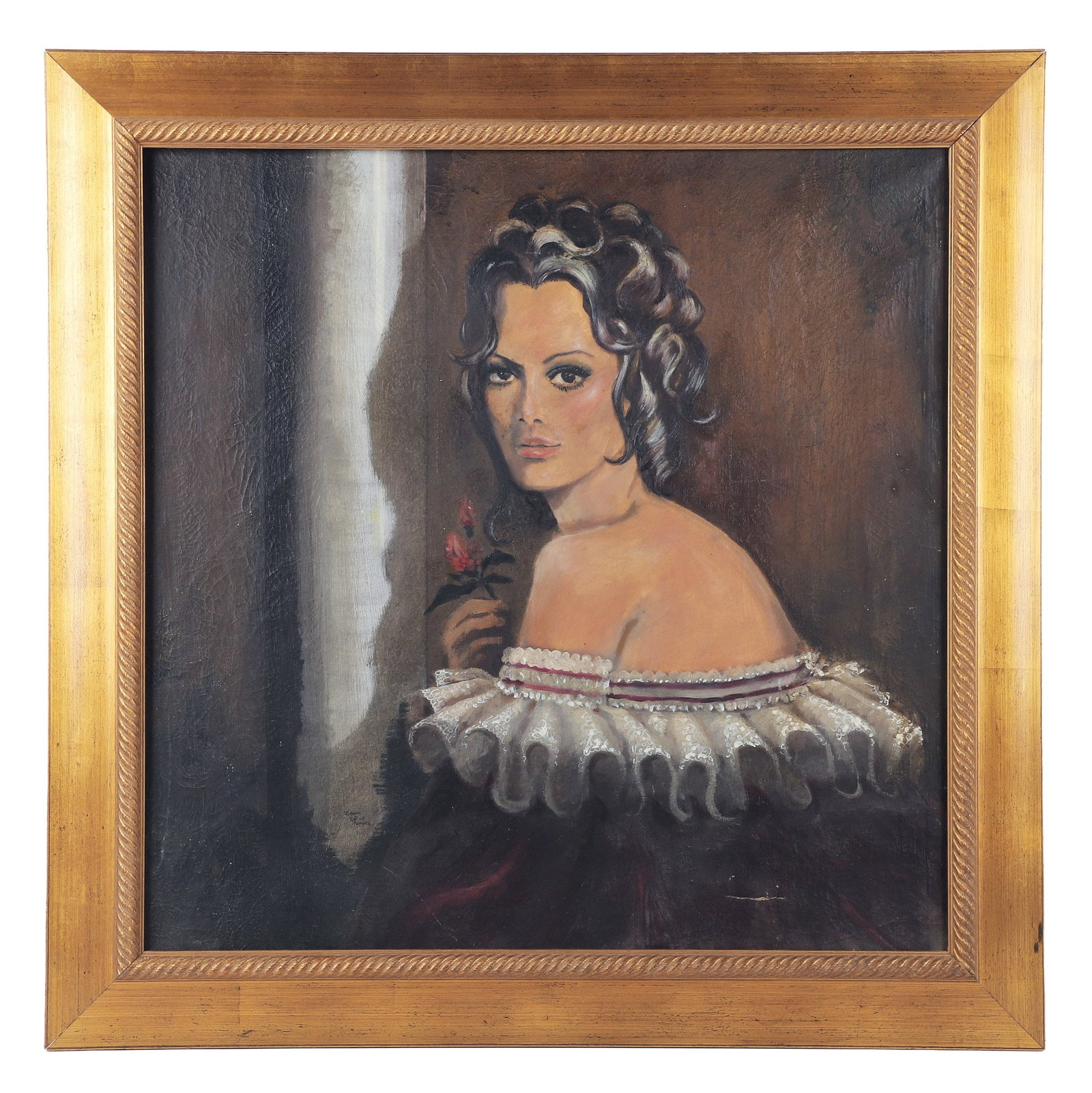 Vintage Mid Century Romantic Gypsy Painting: Vintage Mid Century Romantic Gypsy Painting Signed Wayne Thorsen, an alias of Amos Shontz. Size: 36.75" square frame, 30" square canvas.