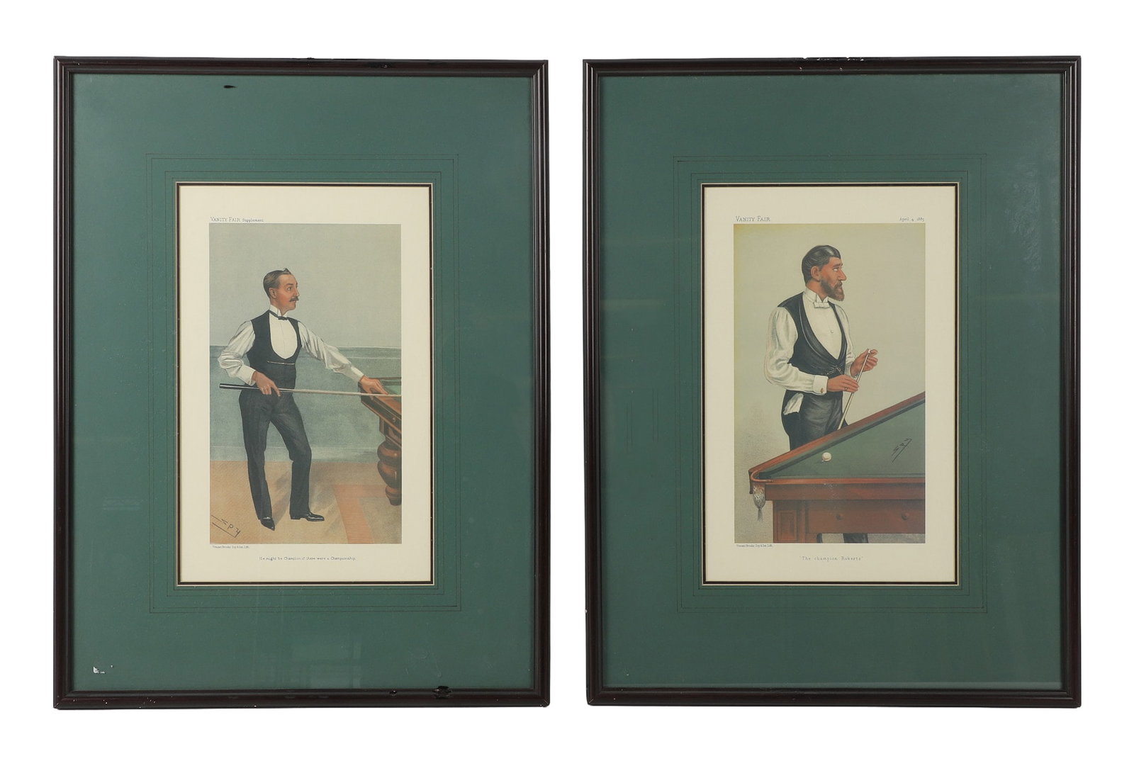 (2) 19th C Billiard Theme, Leslie Ward, Spy Prints: (2) 19th C Billiard Theme, Leslie Ward, Spy Prints For Vanity Fair. Printed by Vincent Brooks, Day and Smith Lithographers. Framed under glass. Size: 25" H x 19" W, frame, 15.5" H x 9.75" W mat.