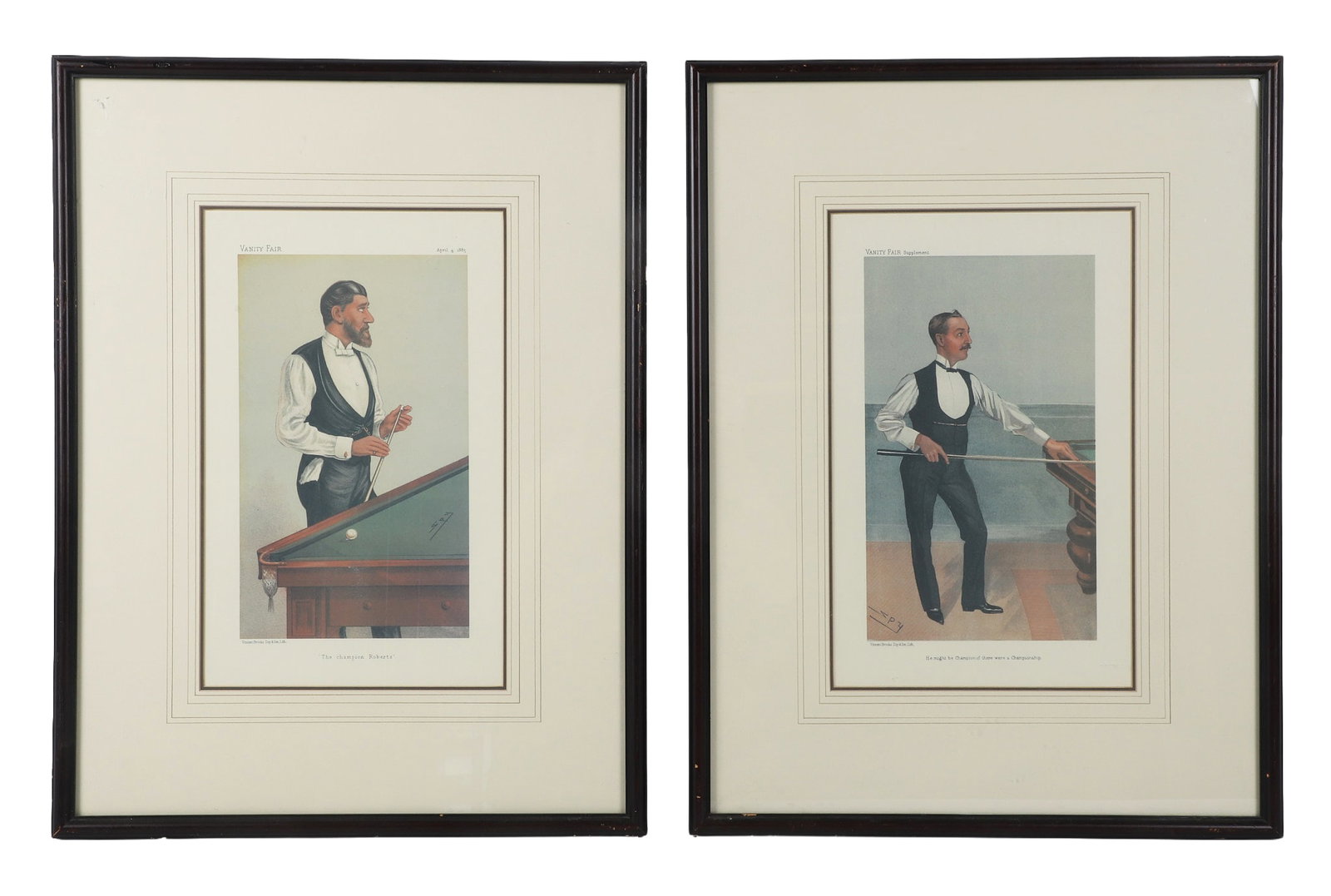 Leslie Ward, Spy, (2) 19th C Billiard Theme Cartoons: Leslie Ward, Spy, (2) 19th C Billiard Theme Cartoons For Vanity Fair. Printed by Vincent Brooks, Day and Smith Lithographers. Framed under glass. Size: 25" H x 19" W, frame, 15.5" H x 9.75" W mat.