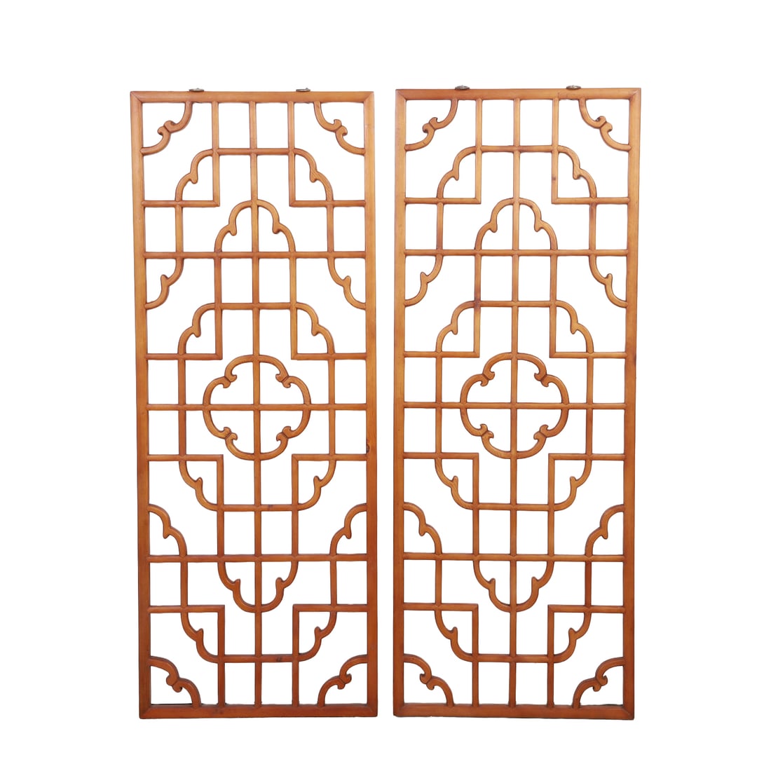 Pair Chinese Carved Wood Lattice Wall Panels: Pair Chinese Carved Wood Lattice Wall Panels Traditional central medallion design. Each having 2 bales affixed for hanging. 56.25" H x 21.5" W x 1" D