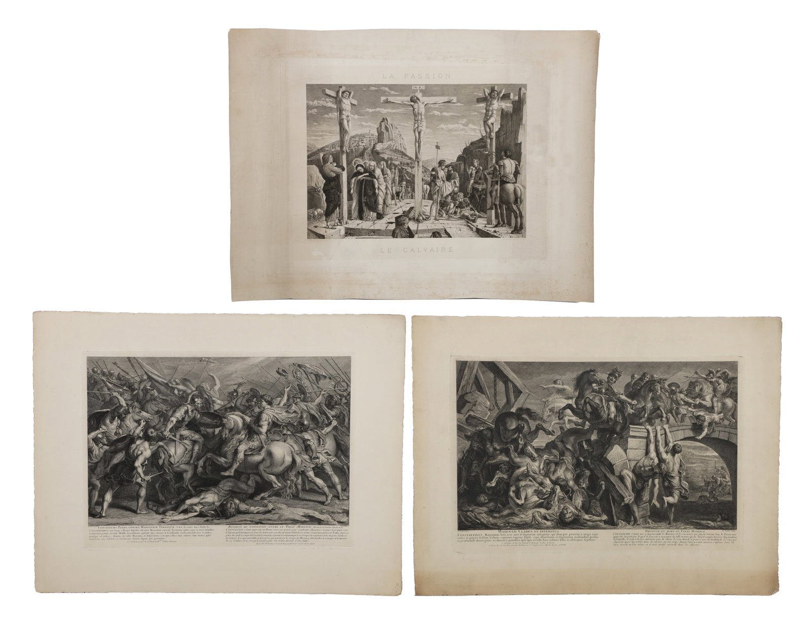 (3) 19th C. Engravings After Mantegna and PP Rubens: (3) 19th C. Engravings After Mantegna and PP Rubens (3) 19th C. Engravings After Mantegna and PP Rubens to include a French-titled Crucifixion scene titled "La Passion/Le Calvaire" and (2) Battle Scen