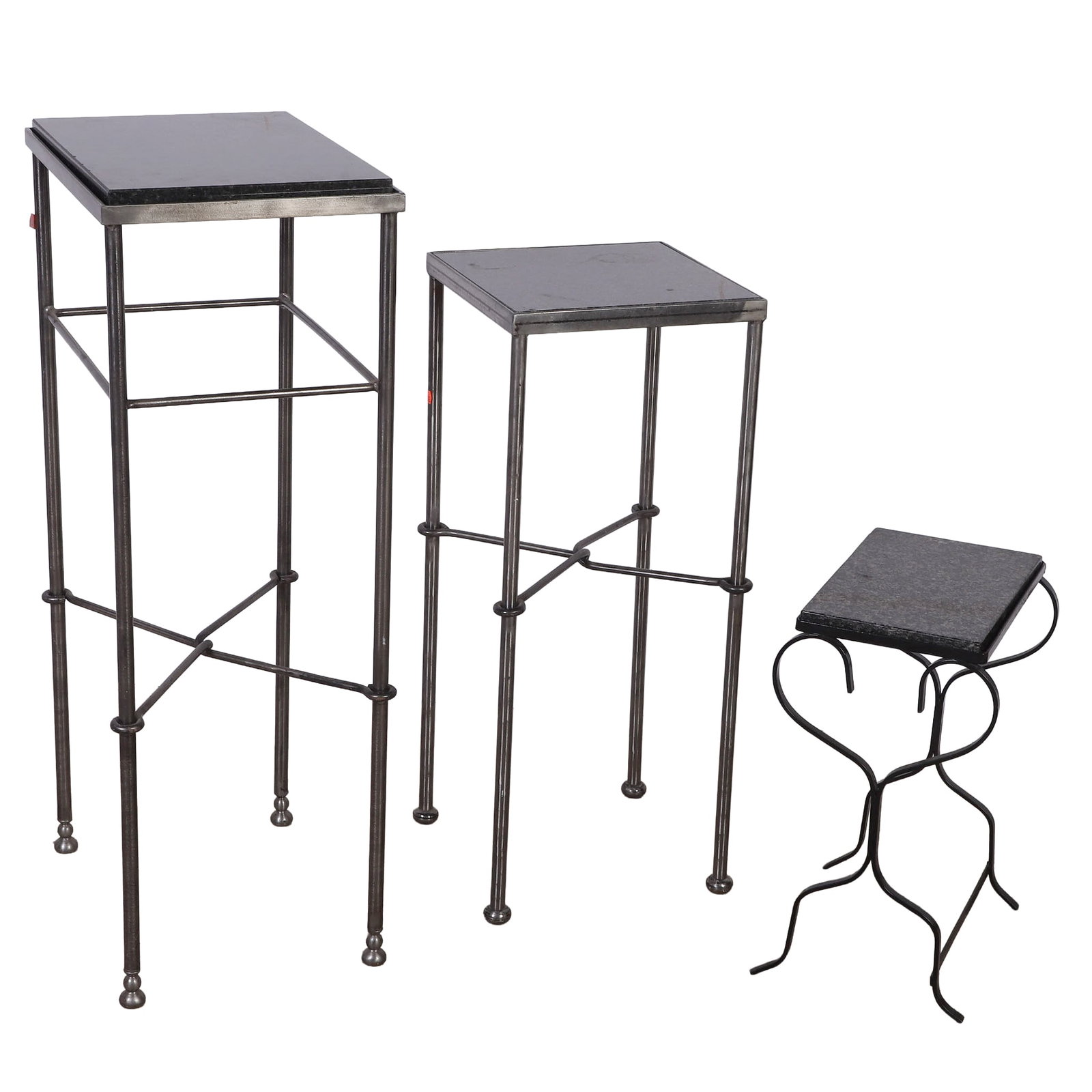 (3) Granite Top Wrought Iron Stands: (3) Granite Top Wrought Iron Stands For plants, sculpture, or display. Largest: 36.5" H x 16.5" W x 12.5" D. Middle: 30" H x 12.25" square. Smallest: 18.5" H x 12.5" W x 10" D.