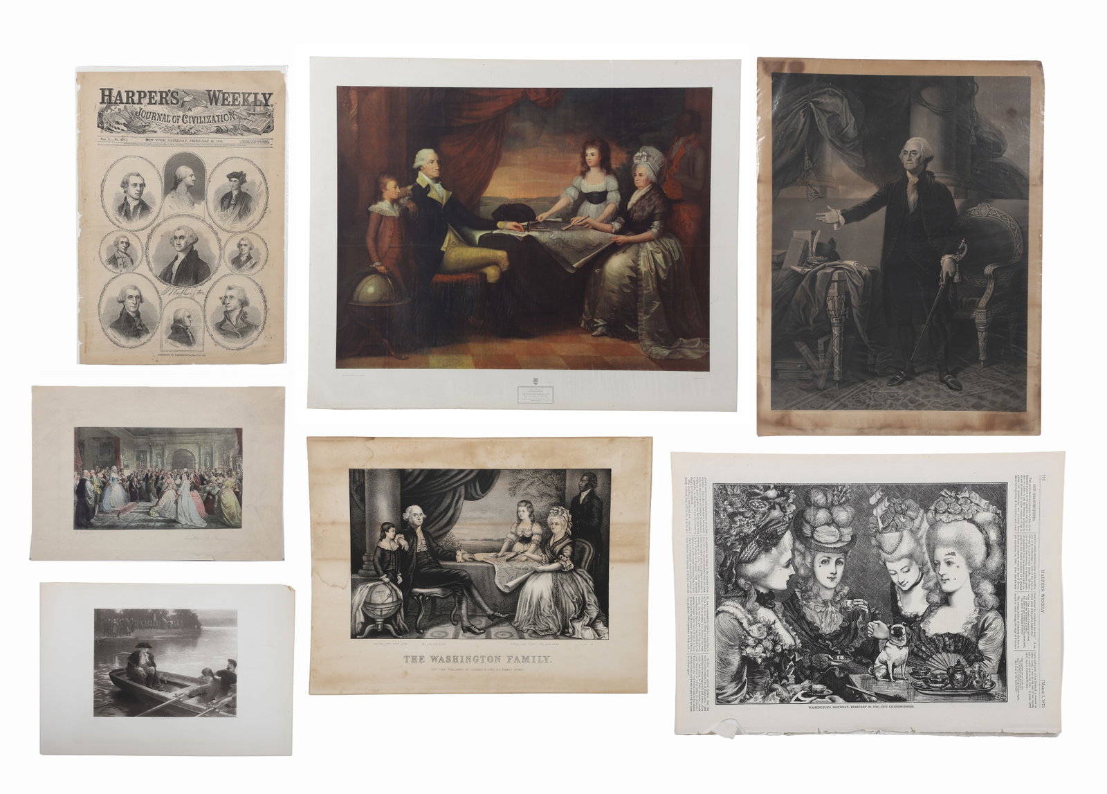 Group of (7) George Washington Prints Size: largest, 26" h x 32" W, sheet.: Group of (7) George Washington Prints Consisting of a colored etching titeled Lady Washington's Reception by Huntington, a folio page from Exposition Decennale with an engraving of Washington by T Rob