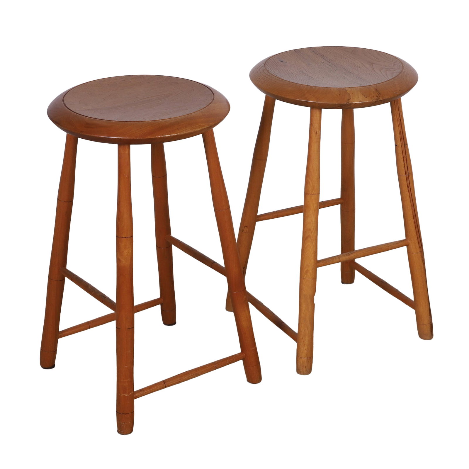 (2) Kinloch Studio Stools by Mooberry Size: 26.5" H with 15" diameter seat.: (2) Kinloch Studio Stools by Mooberry (2) Kinloch Woodworking (Unionville, PA) Stools by Doug Mooberry. Turned seats on turned spindle legs. One fashioned from spalted oak. Size: 26.5" H with 15" diam