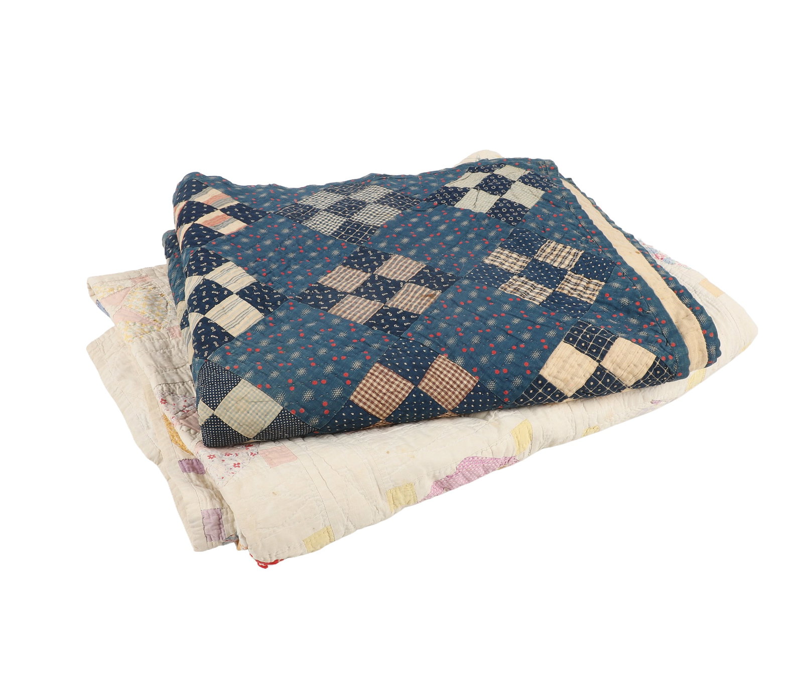 (2) Handmade Quilts: (2) Handmade Quilts (2) handmade patchwork quilts inluding a 72 1/2" x 98" four-pointed star quilt with cotton skirt and a 70 1/2" x 82" 9-patch quilt. Very good condition