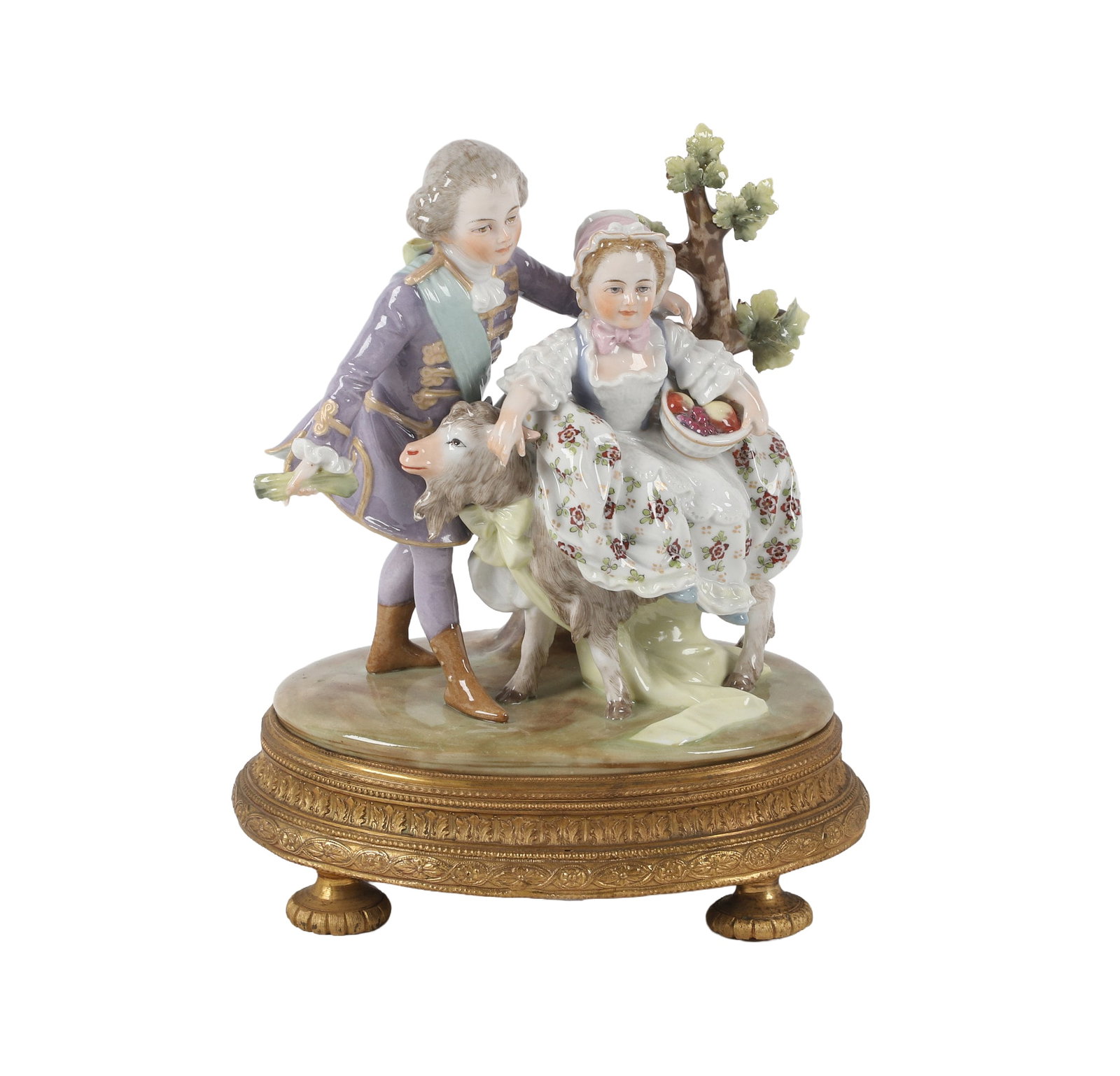 Antique Sevres Porcelain Figurine 6 1/2"l x 4 3/4"w x 7 7/8"h: Antique Sevres Porcelain Figurine Antique Sevres porcelain figurine of young boy steadying a girl as she sits on the back of a goat in a colorful transferware dress. Mounted on footed metal base, make