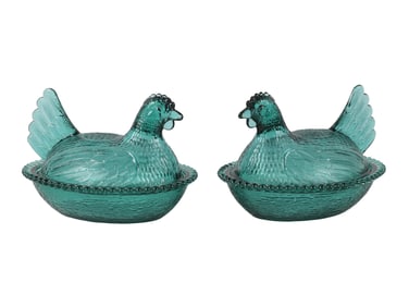 (2) Indiana Glass Forest Blue/Green Hen on Nest