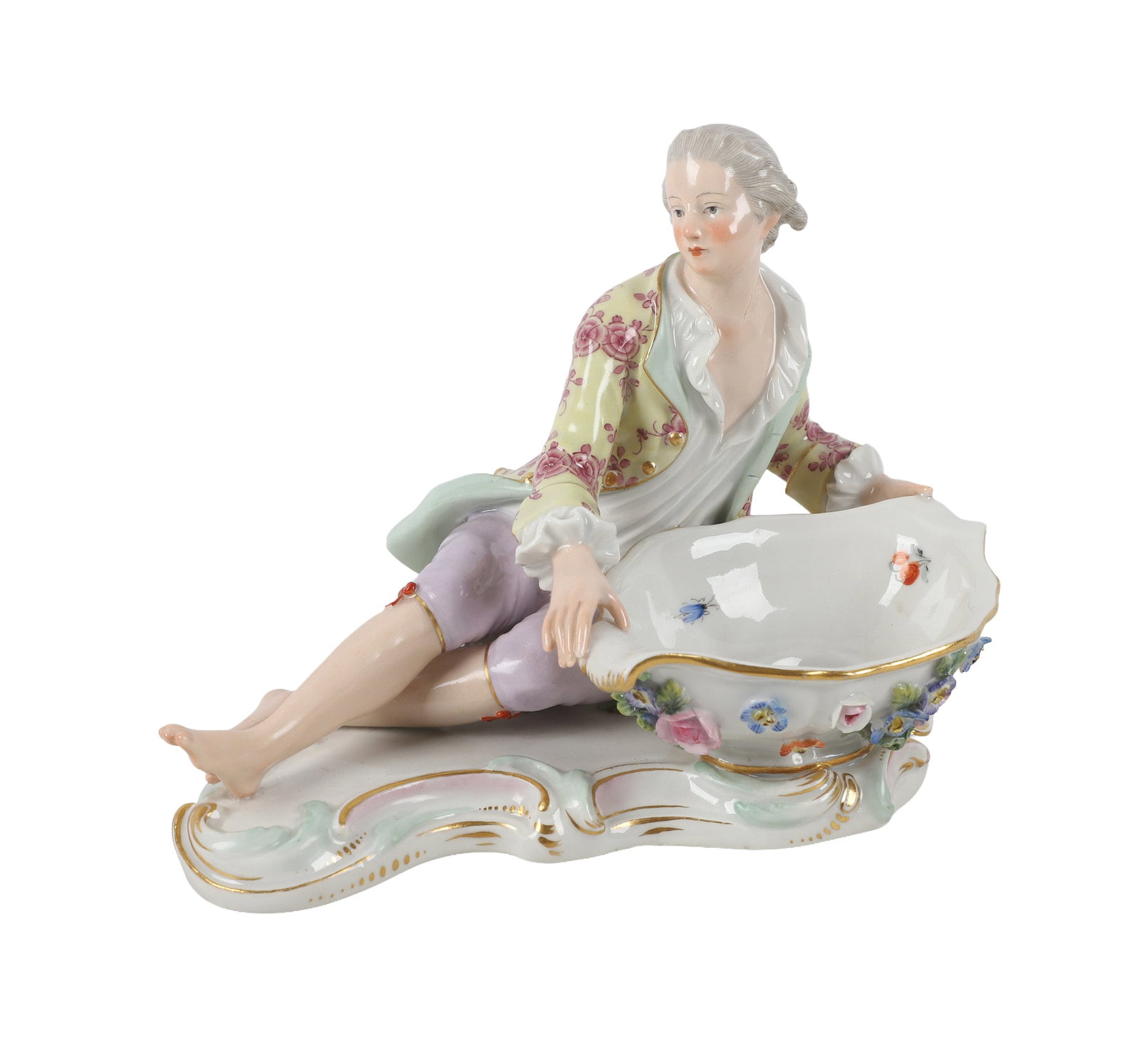 Antique Meissen Porcelain Figural Sweetmeat Dish: Antique Meissen Porcelain Figural Sweetmeat Dish Antique Meissen porcelain figural sweetmeat dish featuring a brightly dressed young man. Makers marks underneath. 5.25" H x 7" W x 5" D