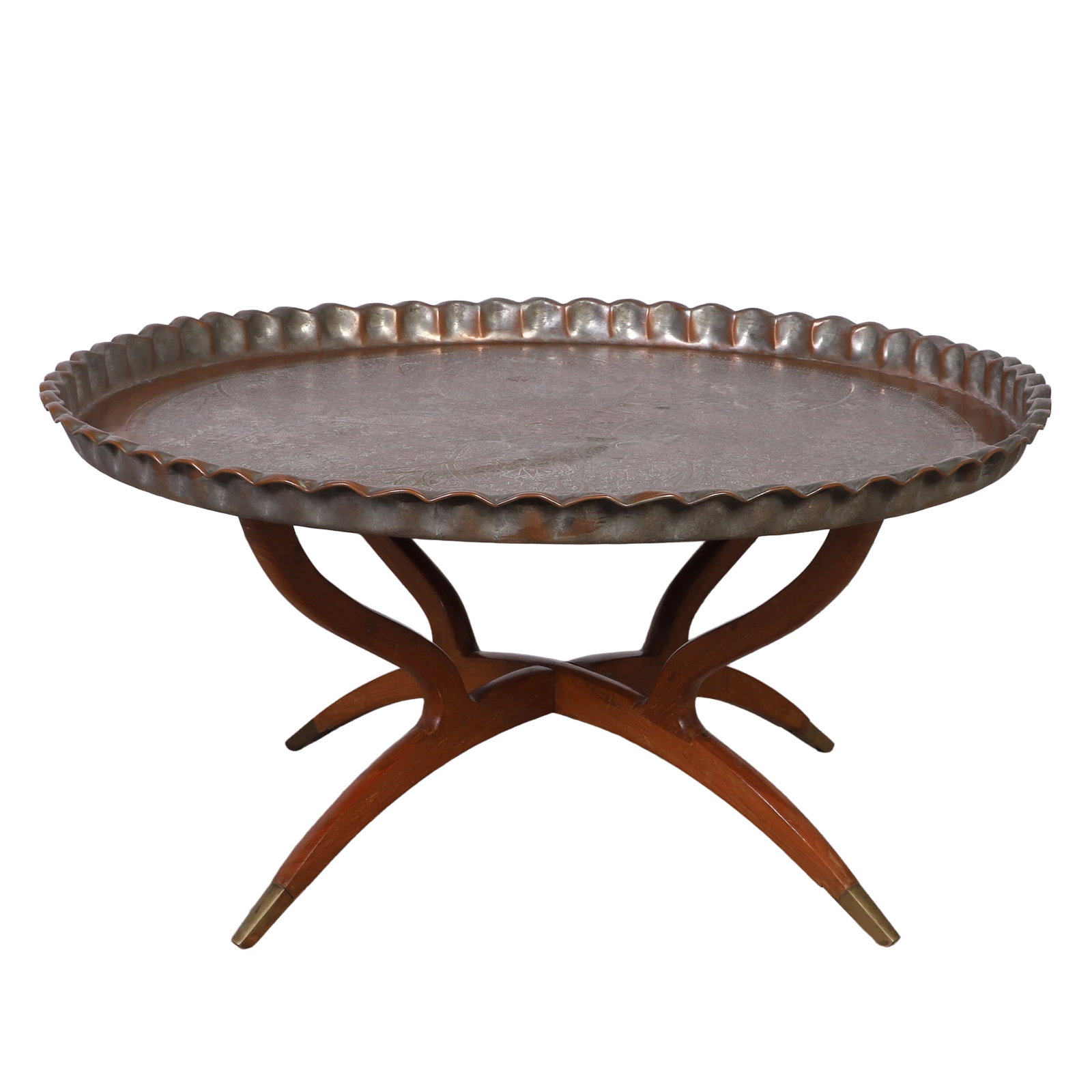 Vintage Moroccan Chased Copper Trable: Vintage Moroccan Chased Copper Trable Foliate design in a deep scalloped tray on brass tipped teak folding stand. 36" diameter tray. With stand, 18" tall.